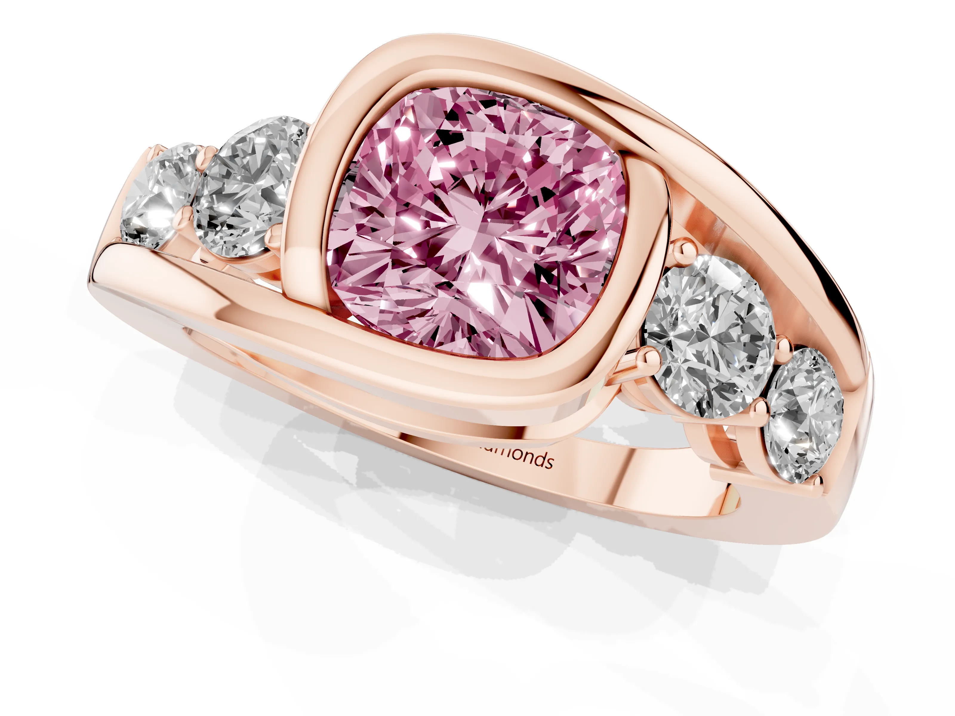 Fancy Pink Cushion Cut Diamond Bezel Bypass Ring Set in Rose gold with Round Accents