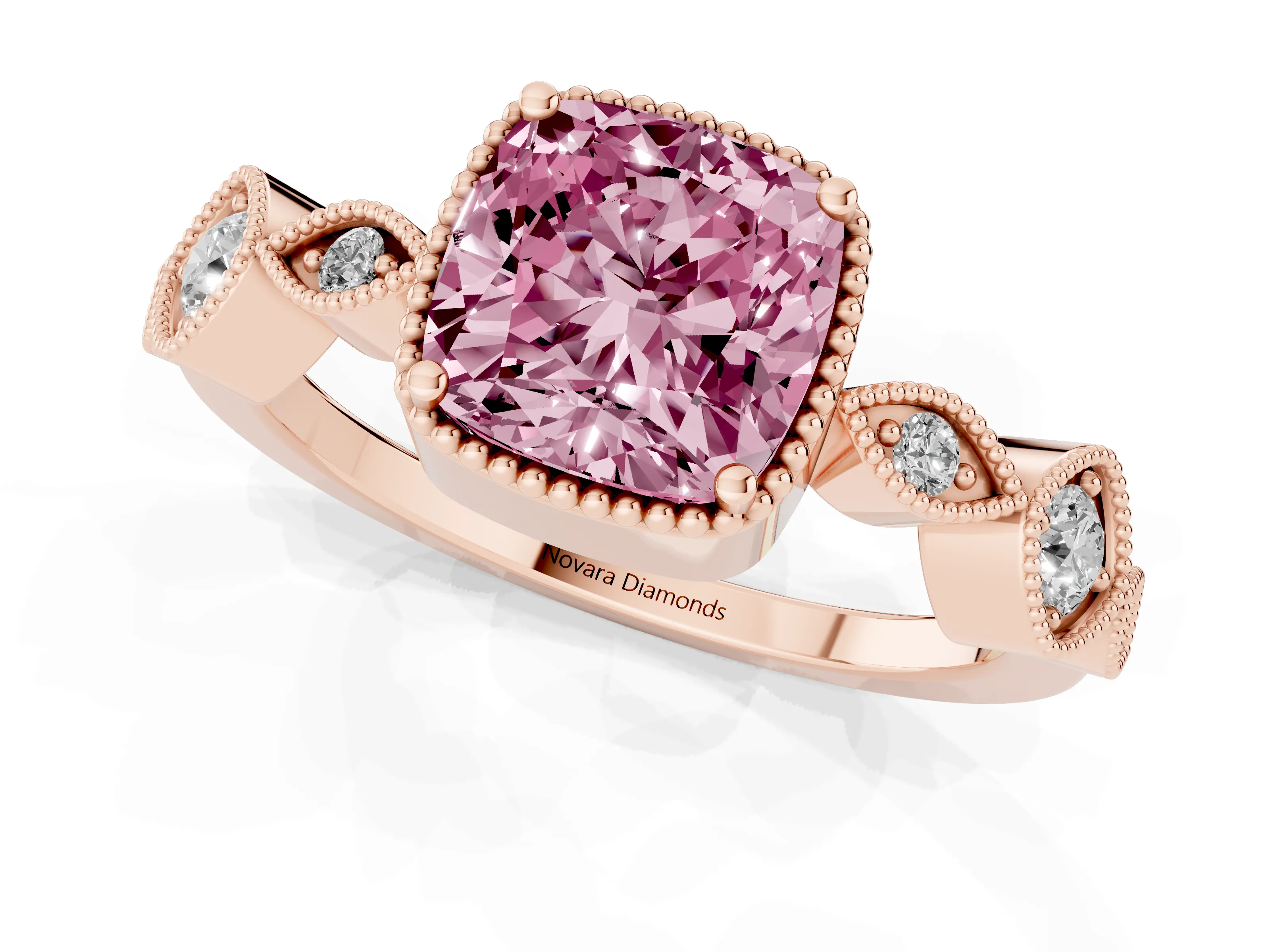 Fancy Pink Cushion Cut Diamond Vintage-Inspired Milgrain Ring Set in Rose gold with Marquise Stations of Round Accents