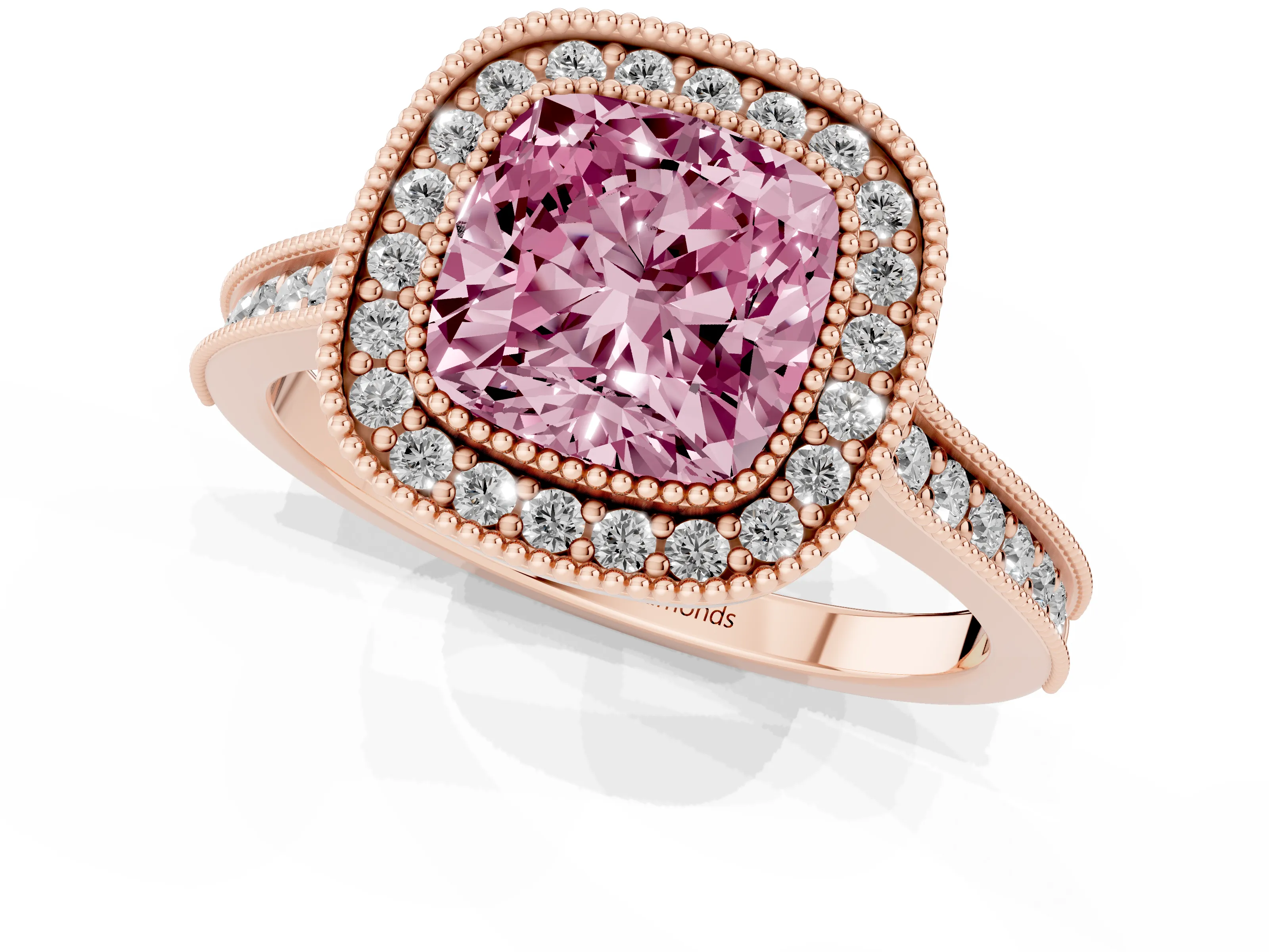 Fancy Pink Cushion Cut Diamond Halo Milgrain Pavé Band Ring Set in Rose gold with Prong Setting