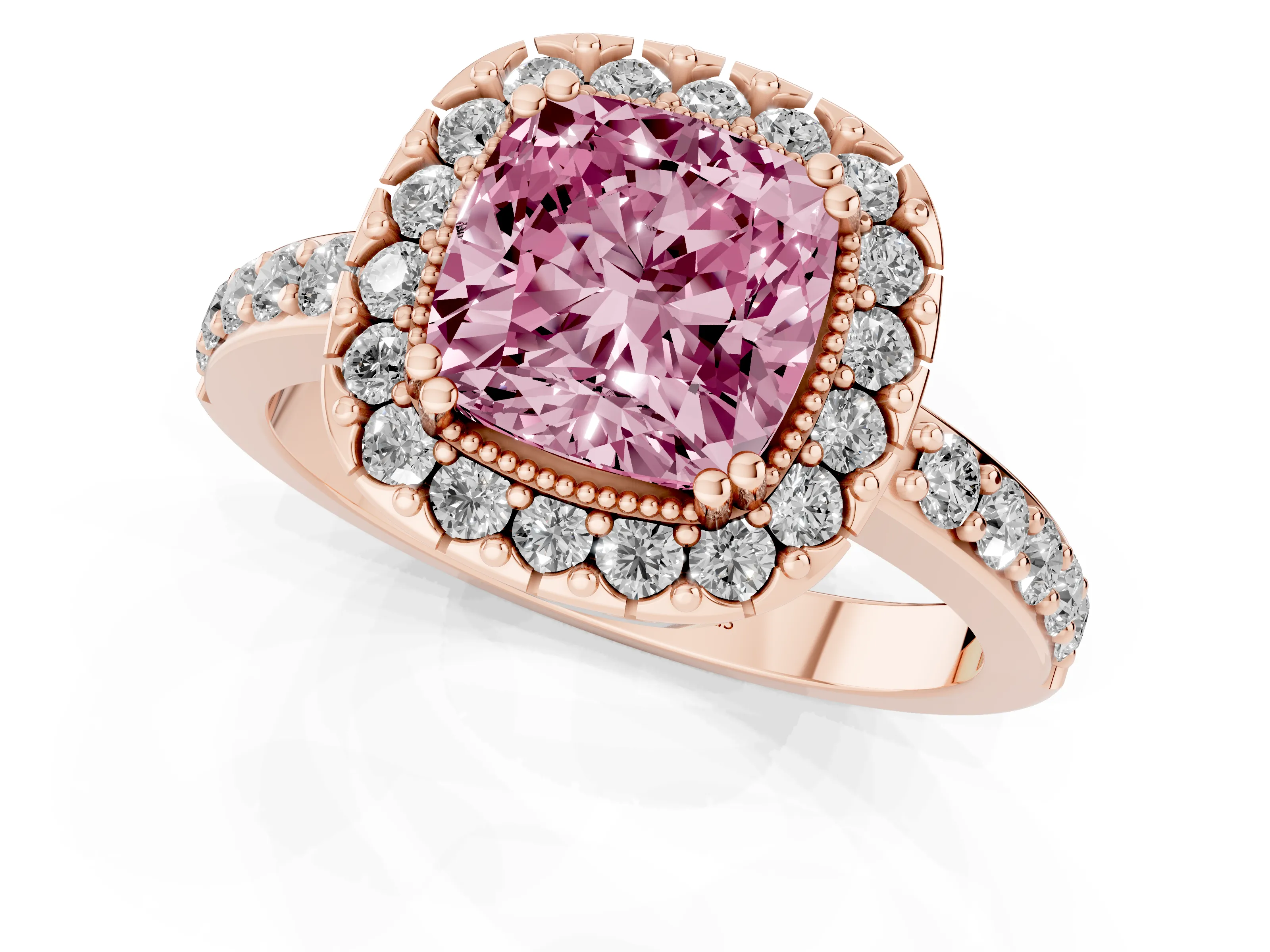 Fancy Pink Cushion Cut Diamond Halo Ring Set in Rose gold with Pavé Shank and Prong Setting