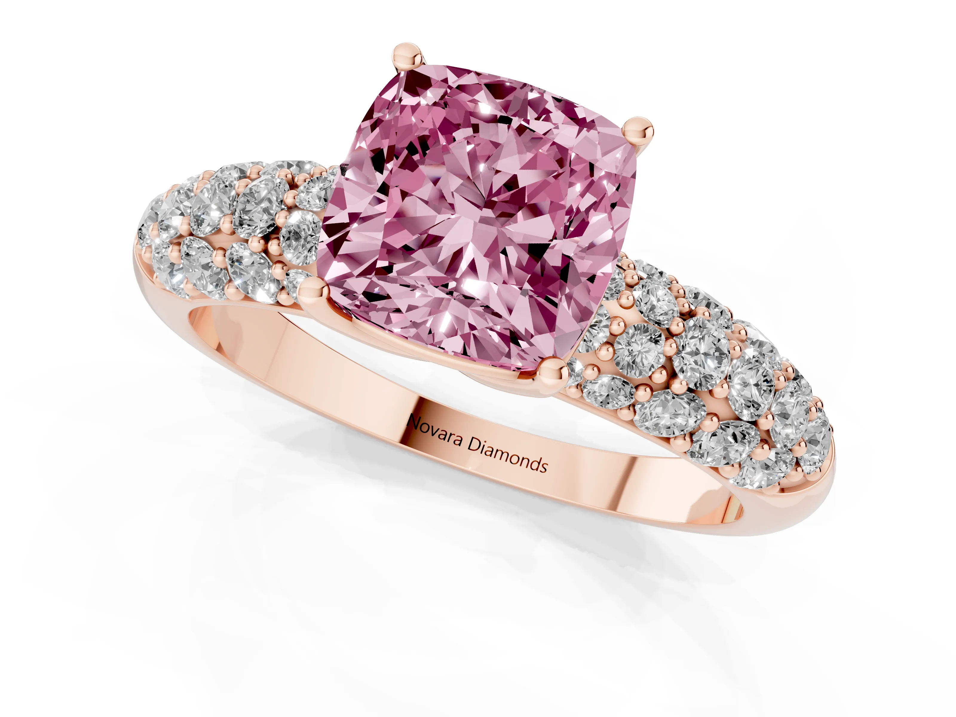 Fancy Pink Cushion Cut Diamond Pavé Band Solitaire Ring Set in Rose gold with Close-Set Accent Stones and Prong Setting