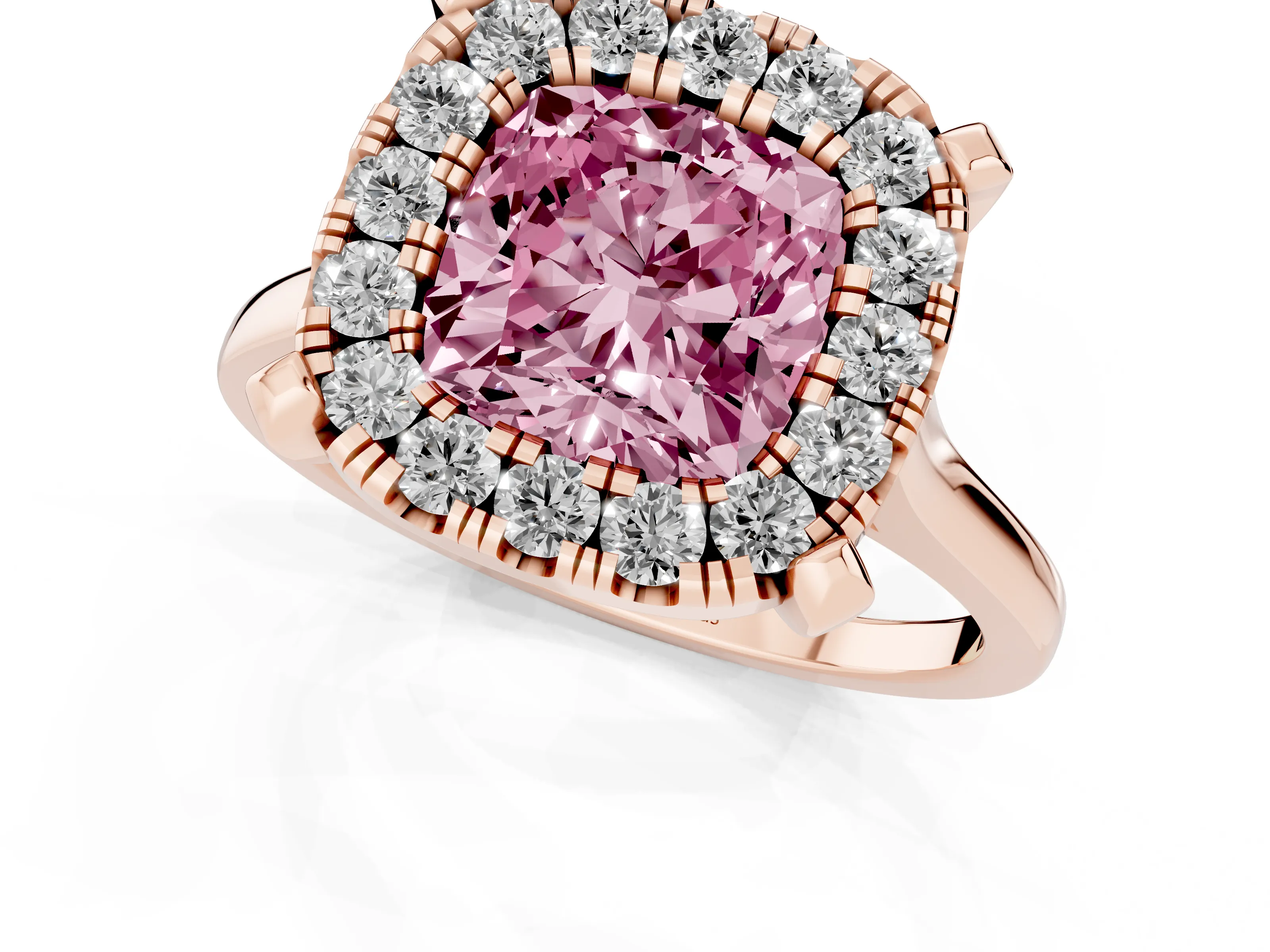 Fancy Pink Cushion Cut Diamond Cluster Halo Solitaire Ring Set in Rose gold with Prong Setting