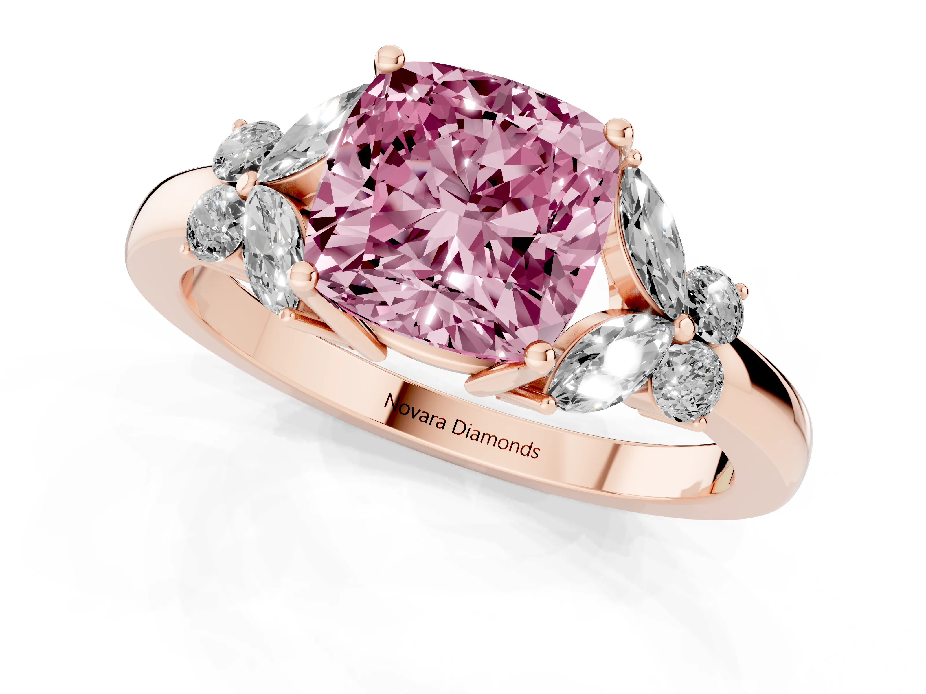 Fancy Pink Cushion Cut Diamond Solitaire Floral Ring Set in Rose gold with Marquise Petals and Prong Setting