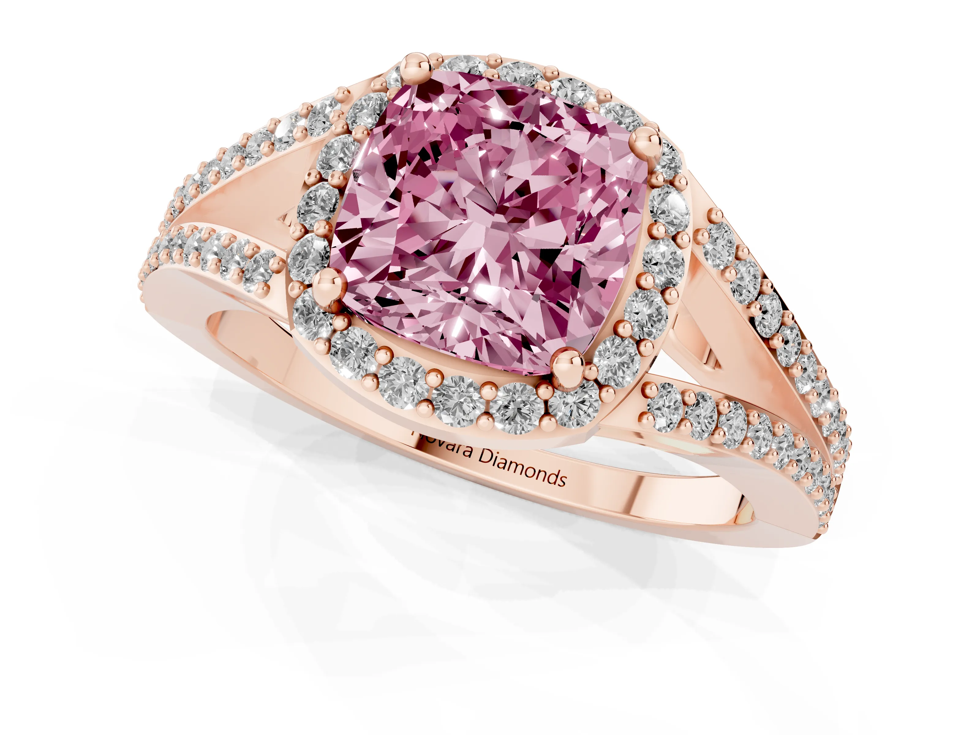 Fancy Pink Cushion Cut Diamond Halo Split Shank Ring Set in Rose gold with Accent Stones and Prong Setting