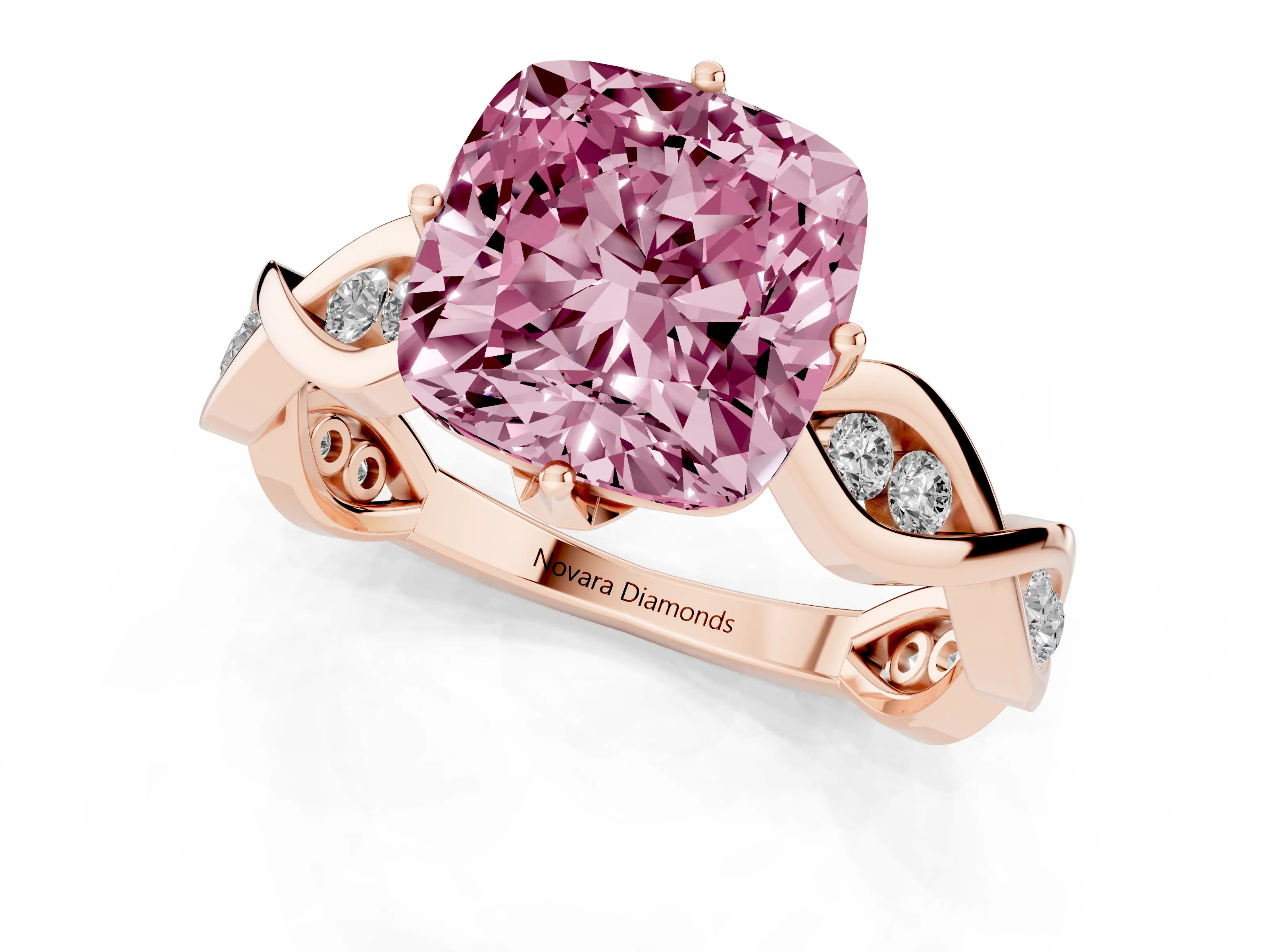 Fancy Pink Cushion Cut Diamond Twist Band Solitaire Ring Set in Rose gold with Leaf Prong Setting and Accent Stones