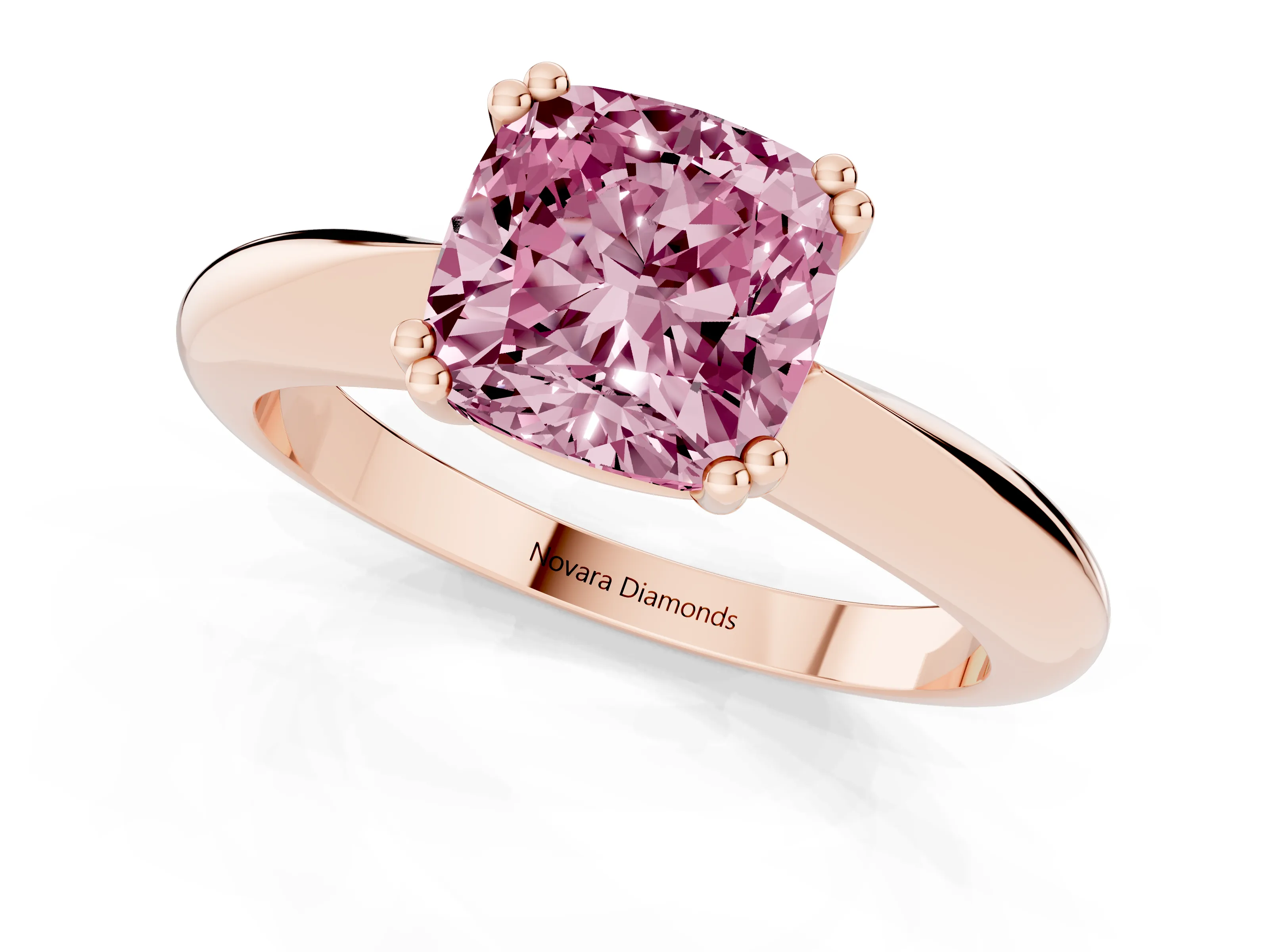 Fancy Pink Cushion Cut Diamond Solitaire Engagement Ring Set in Rose gold with Tapered Band and Prong Setting