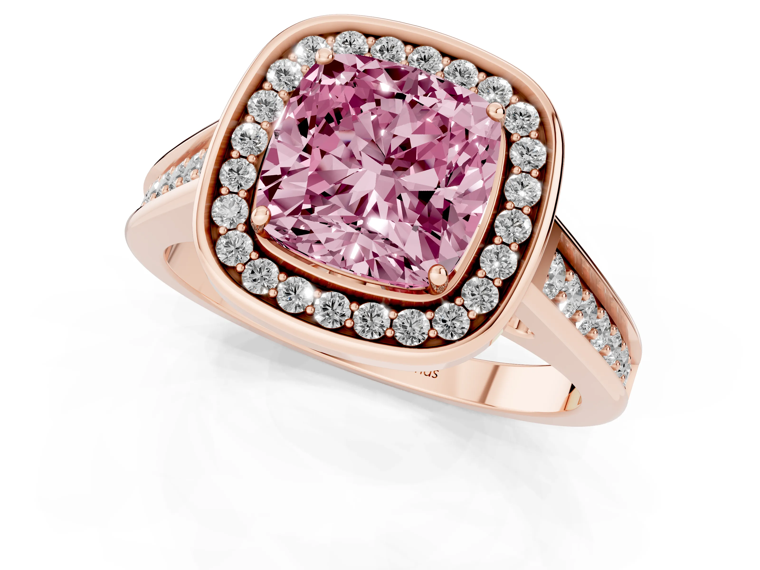 Fancy Pink Cushion Cut Diamond Halo Solitaire Ring Set in Rose gold with Pavé Band and Bezel Setting