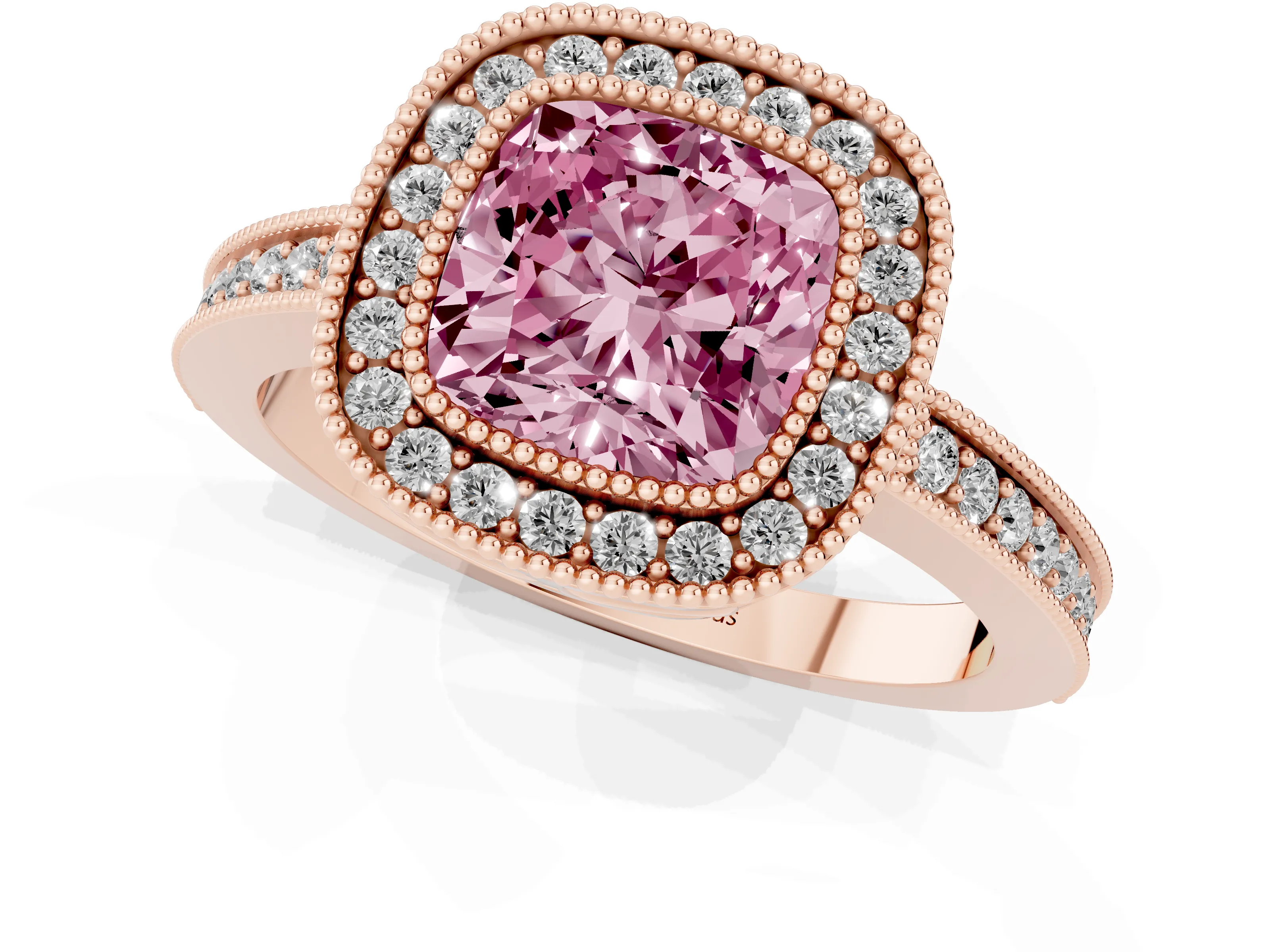 Fancy Pink Cushion Cut Diamond Round Halo Ring Set in Rose gold with Pavé Band