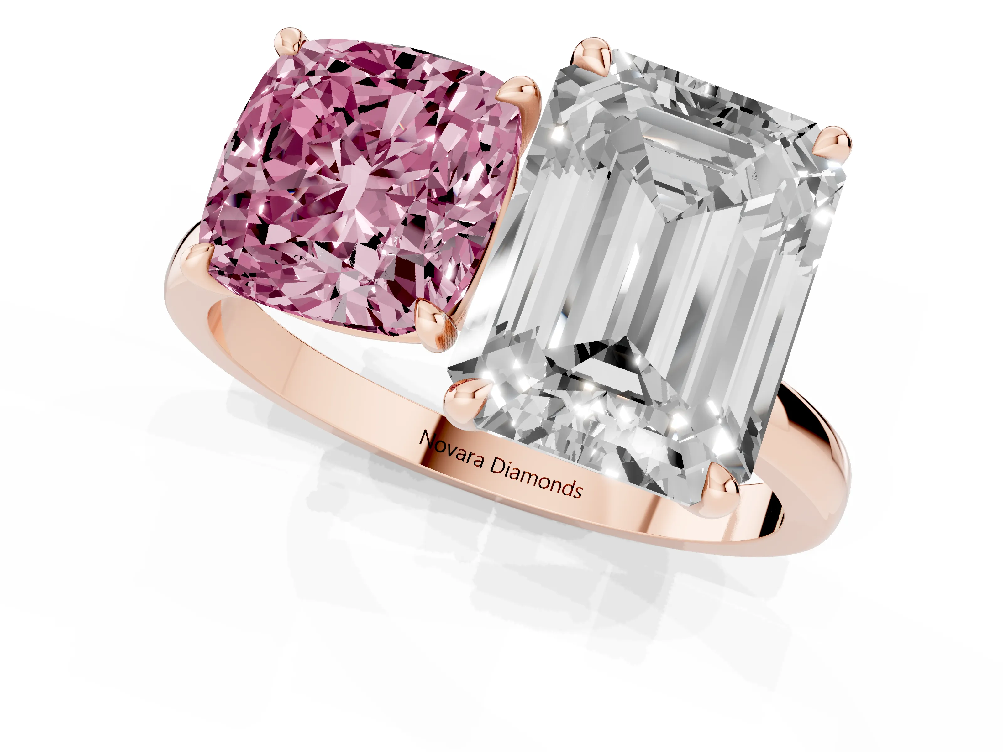Fancy Pink Cushion Cut and Emerald Cut Toi Moi Ring Set in Rose gold with Prong Setting