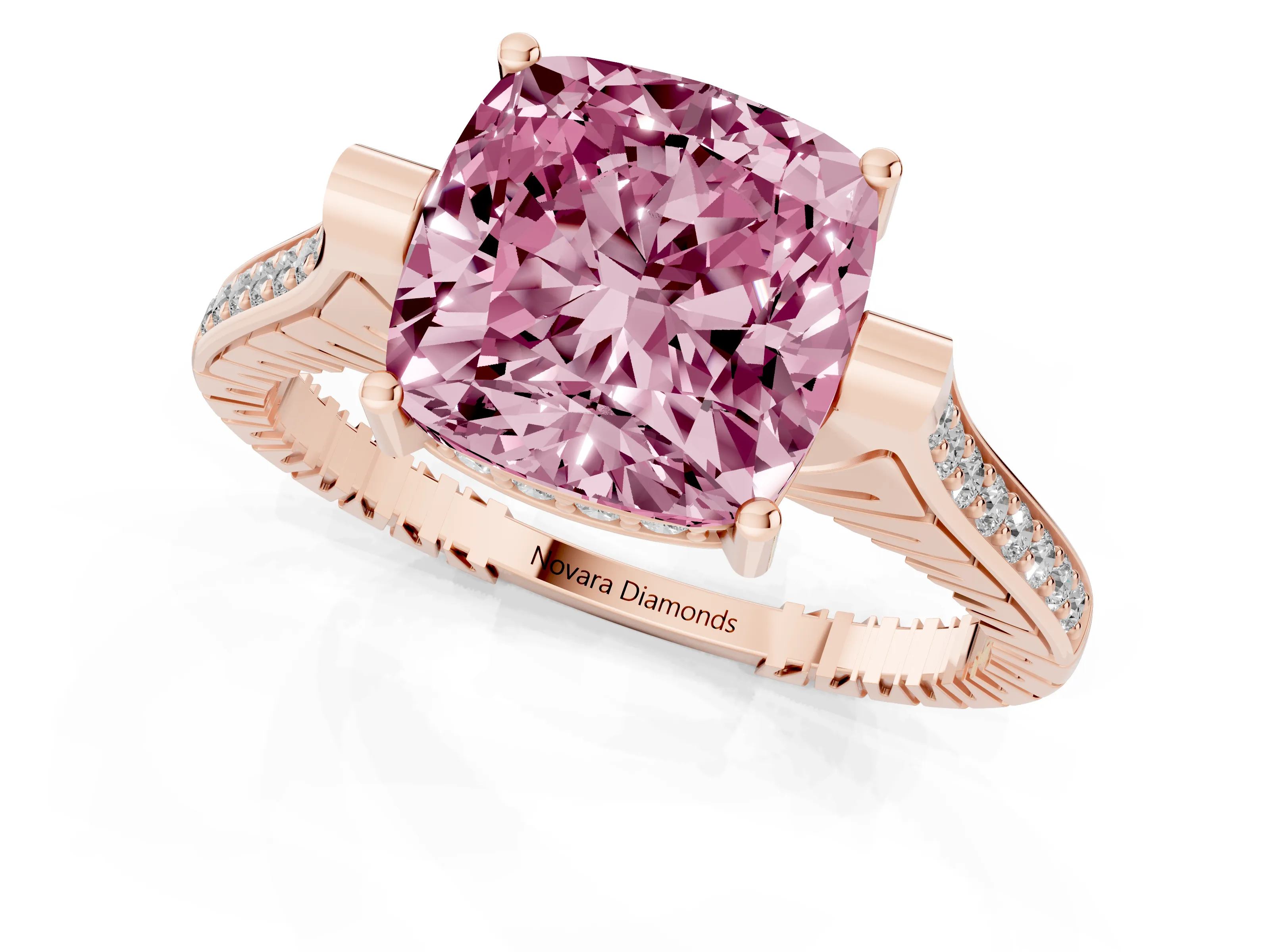 Fancy Pink Cushion Cut Diamond Solitaire Ring Set in Rose gold with Channel Set Band and Bezel Prong Setting