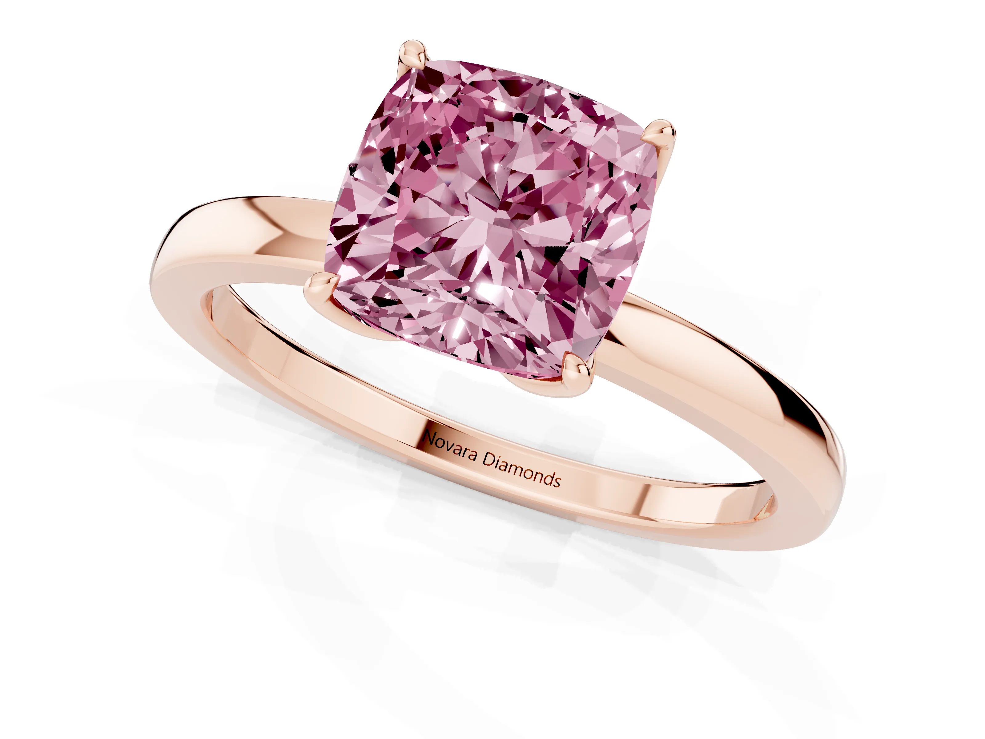 Fancy Pink Cushion Cut Diamond Solitaire Ring Set in Rose gold with Prong Setting and Thin Polished Band