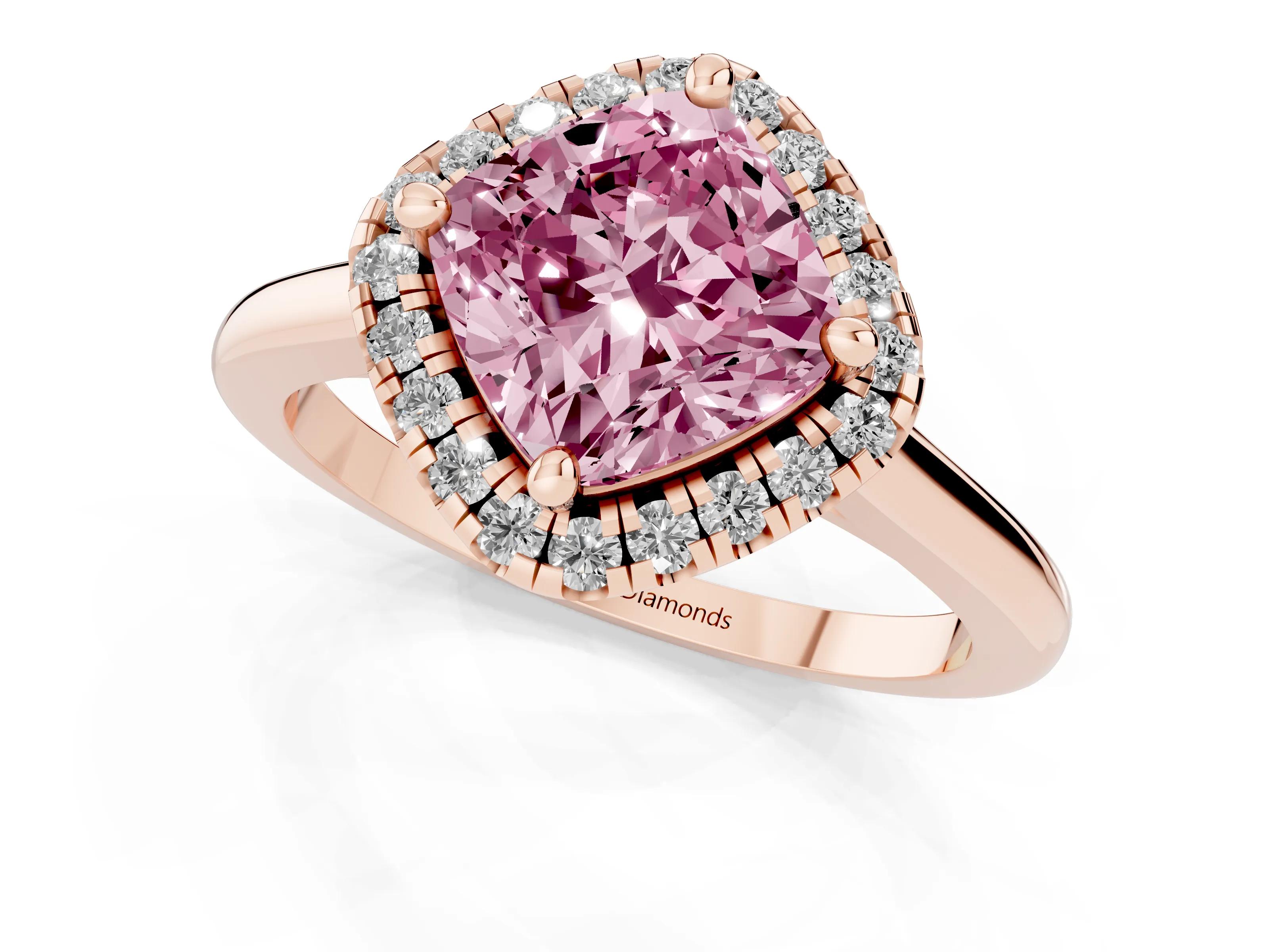 Fancy Pink Cushion Cut Diamond Halo Engagement Ring Set in Rose gold with Pavé Band and Rising Shoulders
