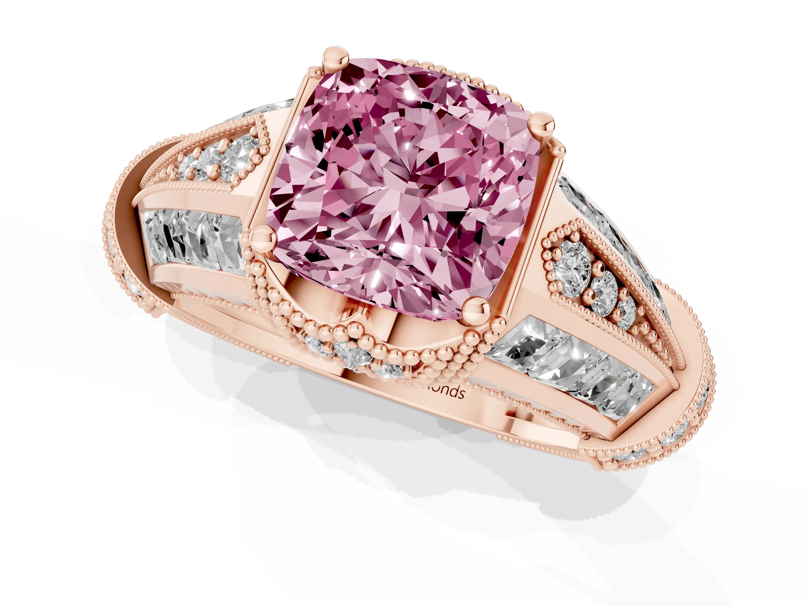 Fancy Pink Cushion Cut Diamond Vintage-Inspired Milgrain Ring Set in Rose gold with Accent Split Shank