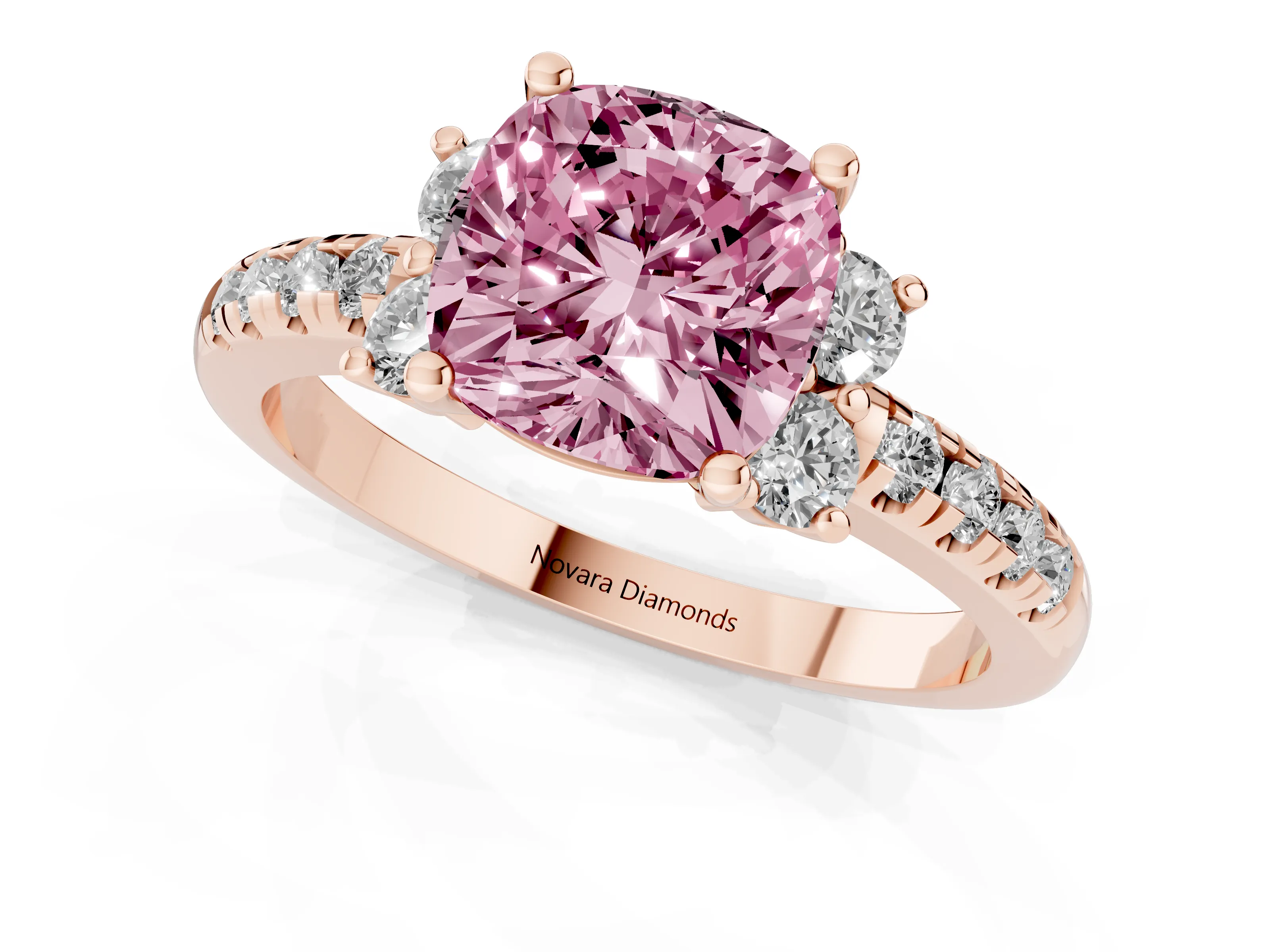 Fancy Pink Cushion Cut Diamond Three-Stone Pavé Ring Set in Rose gold with Prong Setting