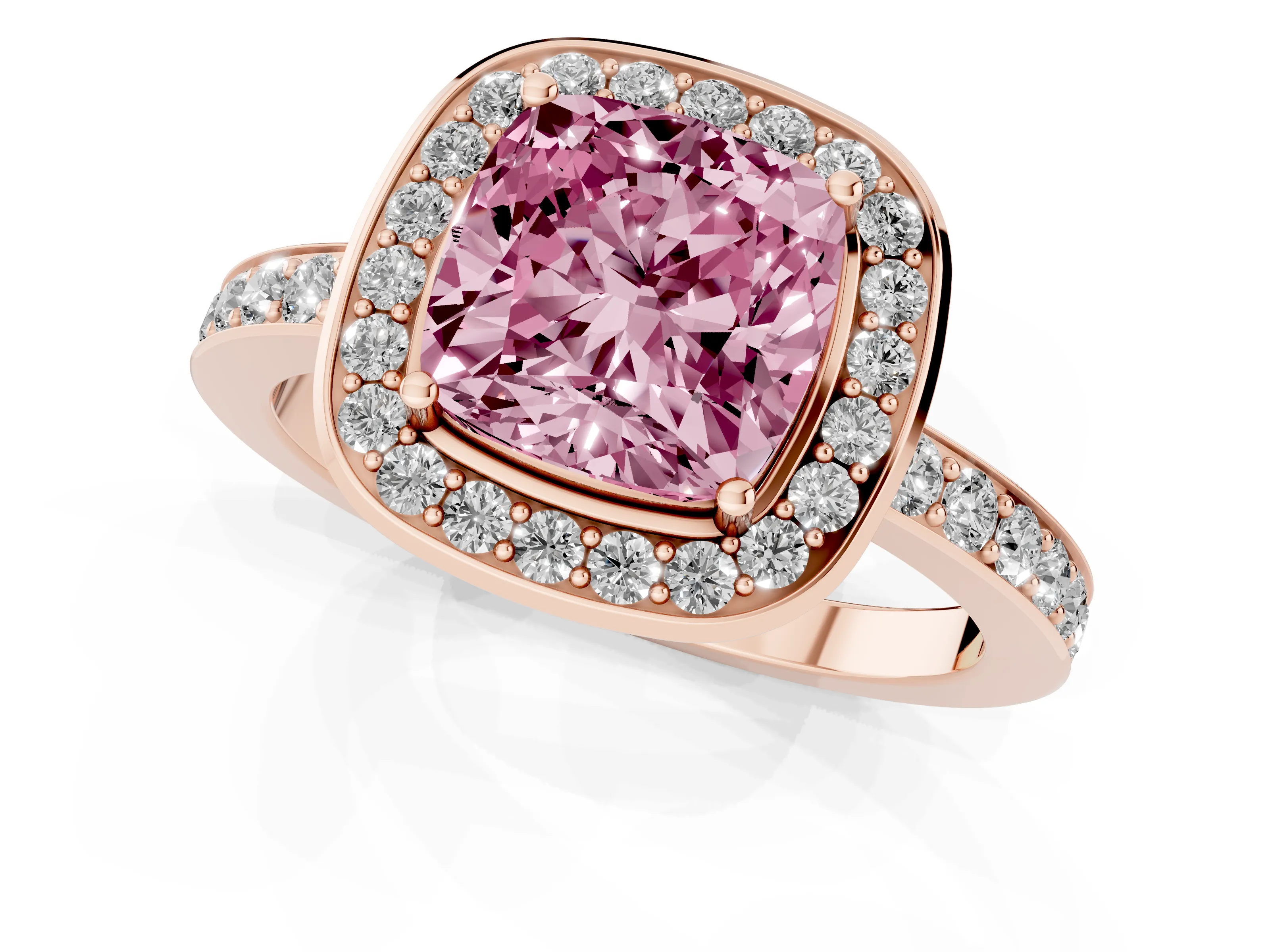 Fancy Pink Cushion Cut Diamond Halo Ring Set in Rose gold with Bezel Frame and Pavé Band