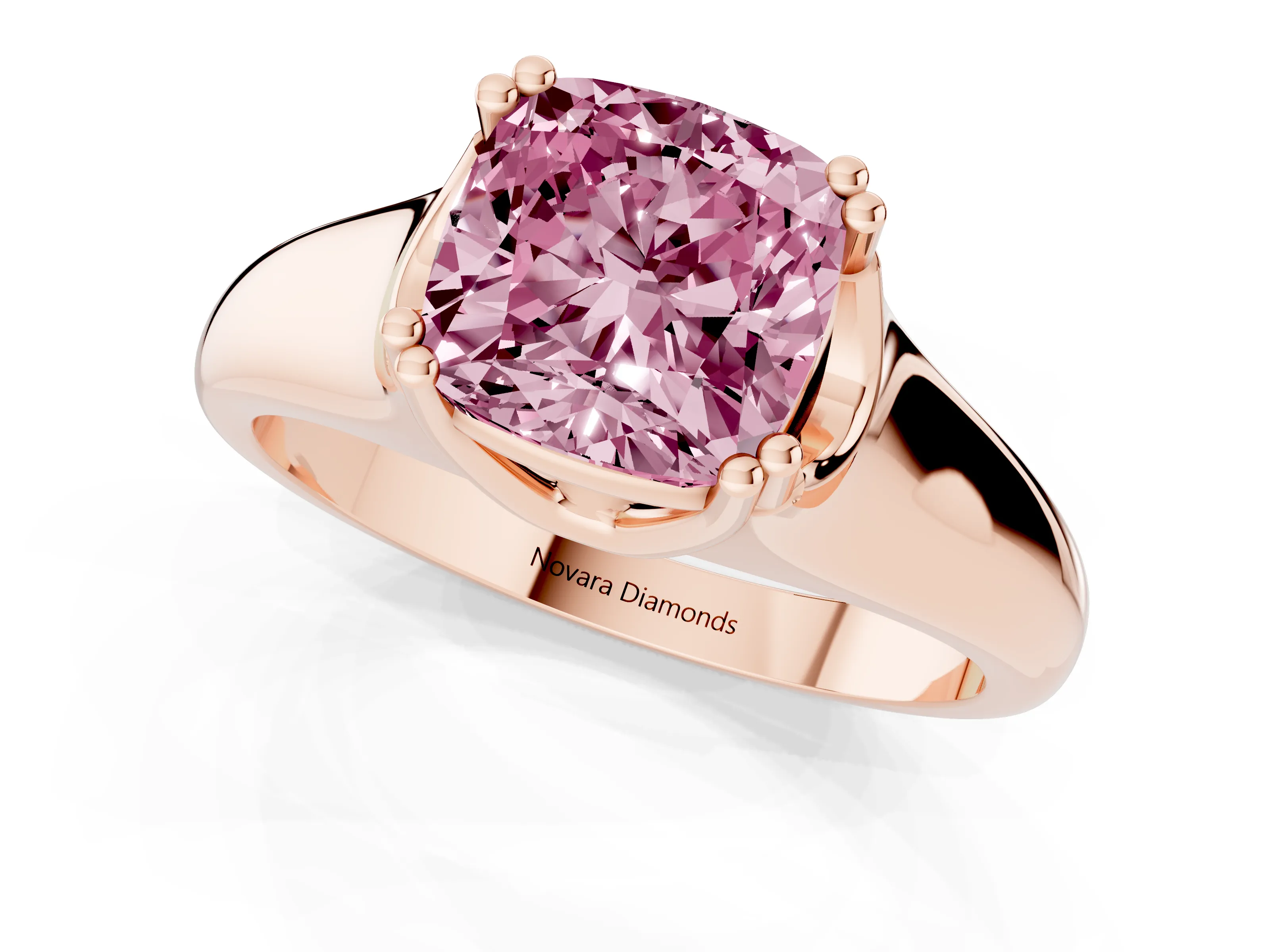Fancy Pink Cushion Cut Diamond Solitaire Ring Set in Rose gold with Wide Band and Prong Setting