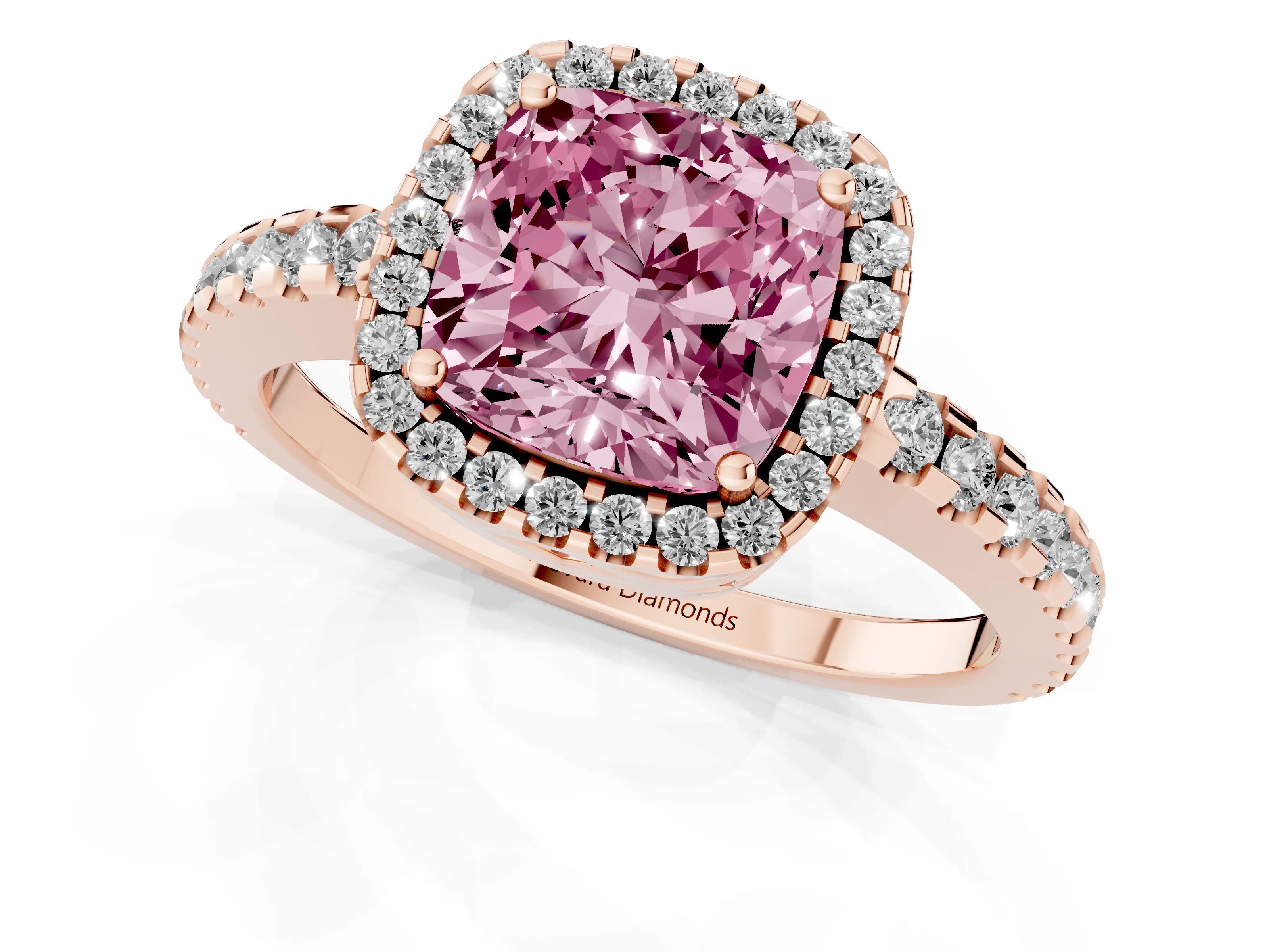 Fancy Pink Cushion Cut Diamond Halo Ring Set in Rose gold with Pavé Shoulders and Halo-Framed Center