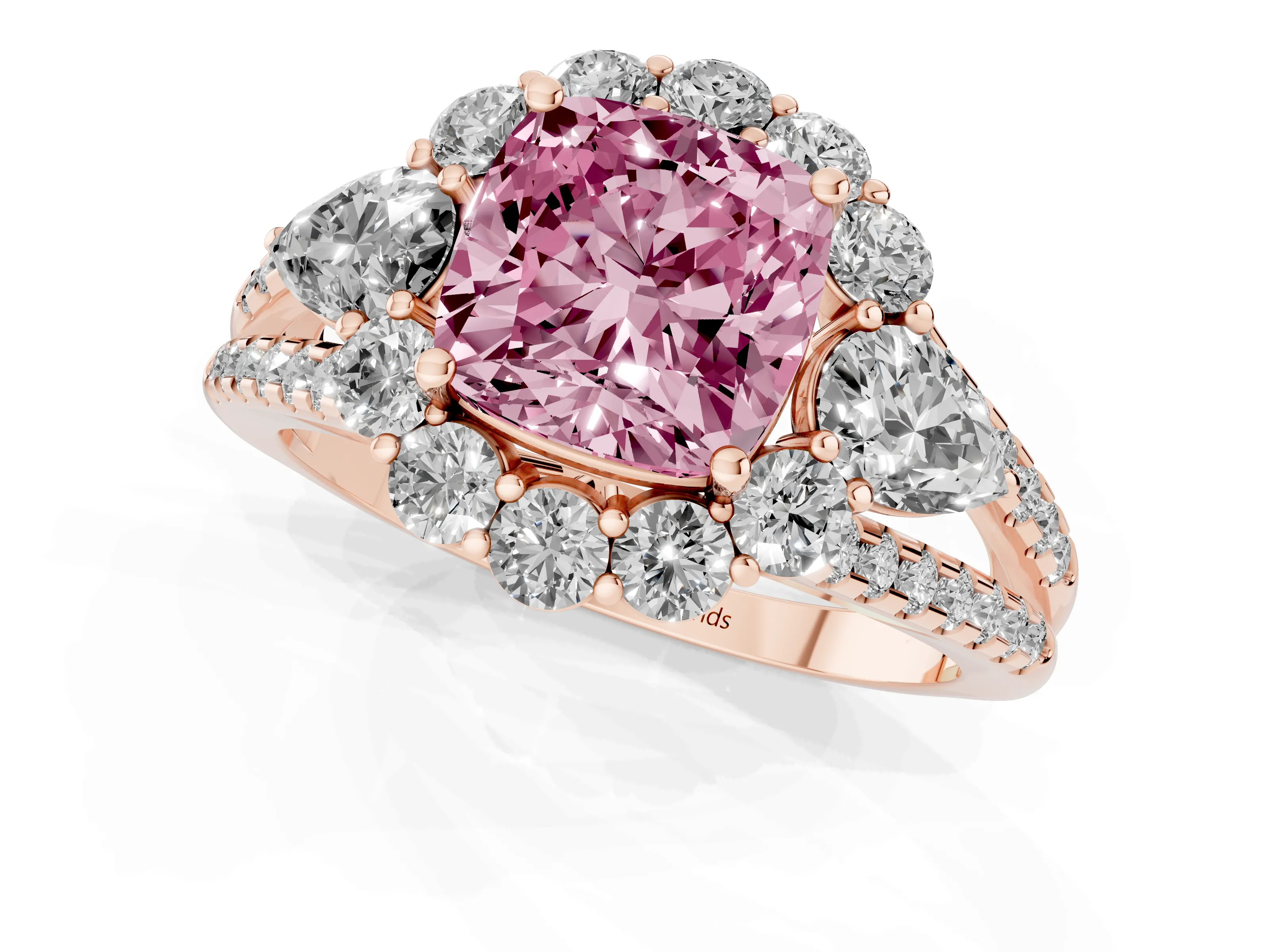 Fancy Pink Cushion Cut Diamond Halo Split Shank Engagement Ring Set in Rose gold with Prong-Held Center Stone