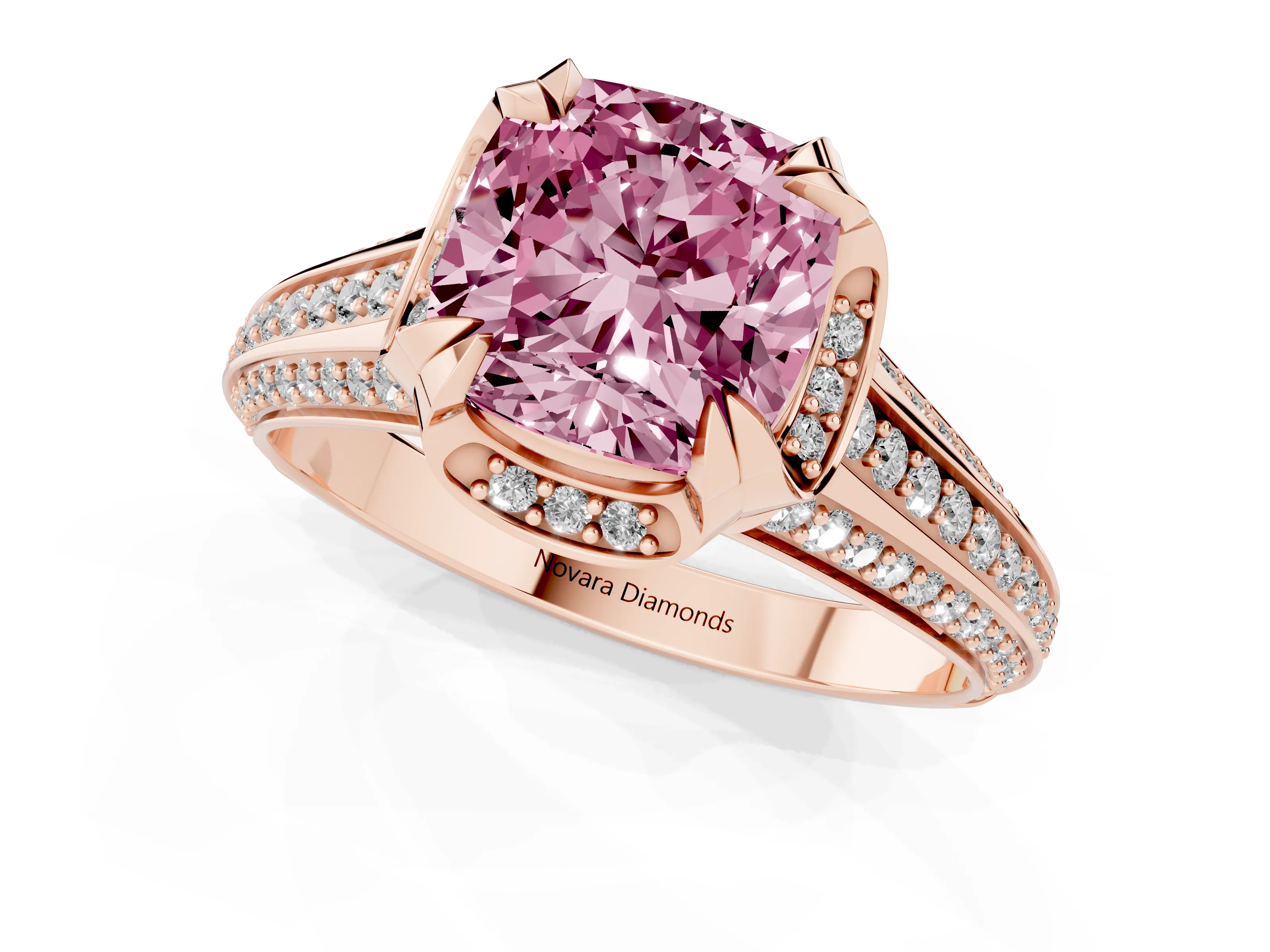 Fancy Pink Cushion Cut Diamond Pavé Split Shank Solitaire Ring Set in Rose gold with Prong Setting