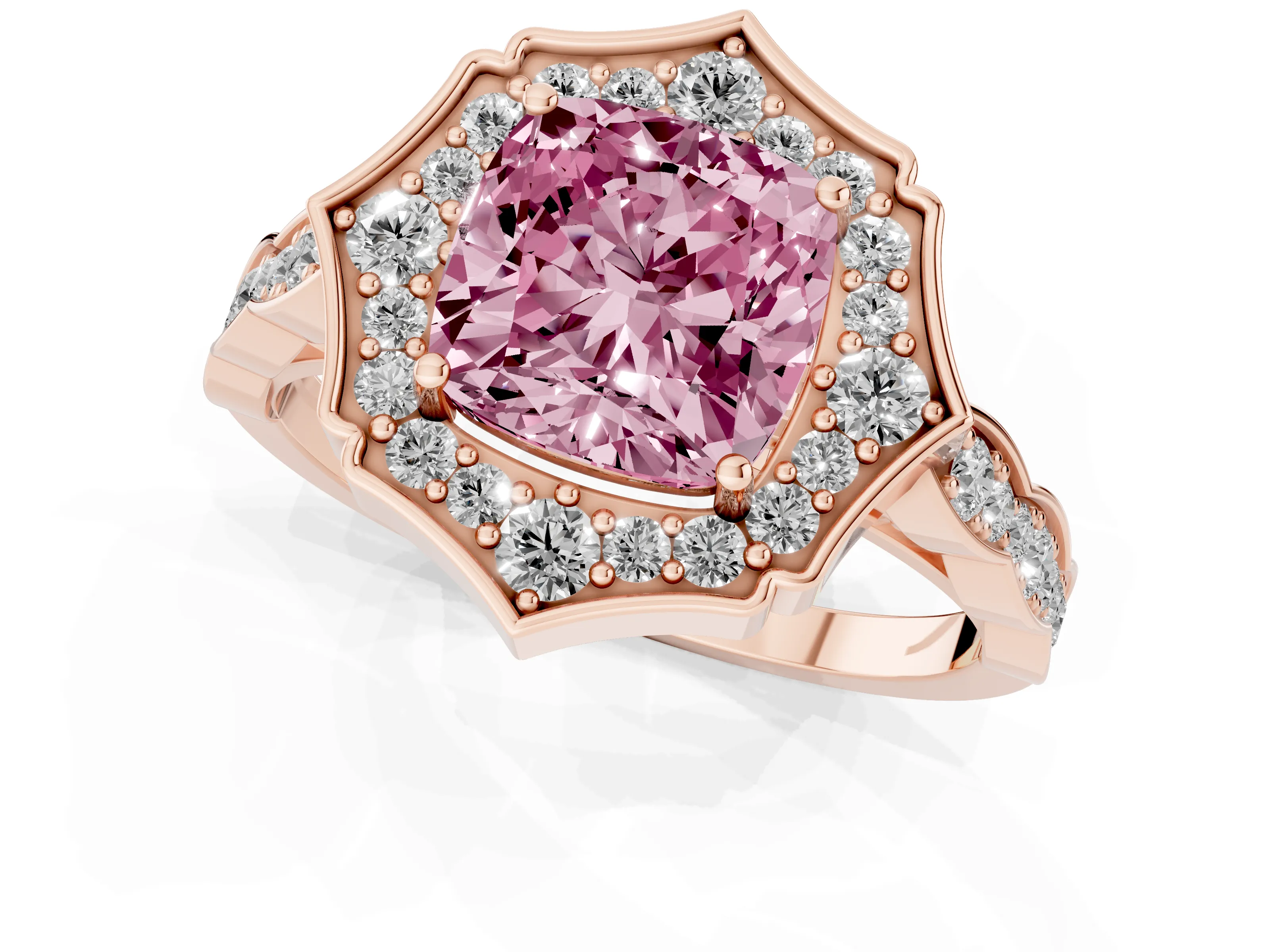 Fancy Pink Cushion Cut Diamond Halo Engagement Ring Set in Rose gold with Milgrain Band and Prong Setting