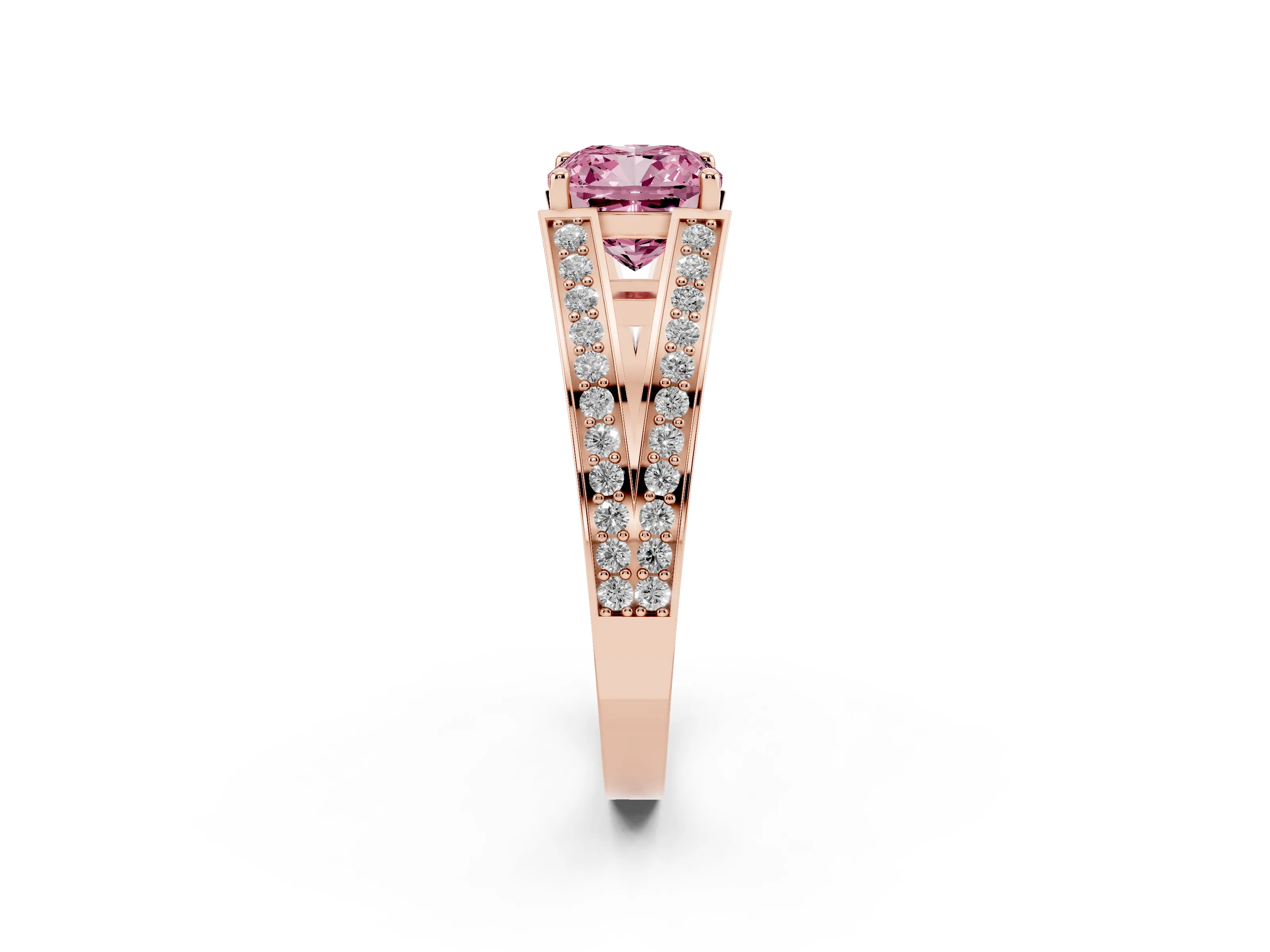 Fancy Pink Cushion Cut Diamond Split Shank Ring Set in Rose gold with Pavé Band and Prong Setting
