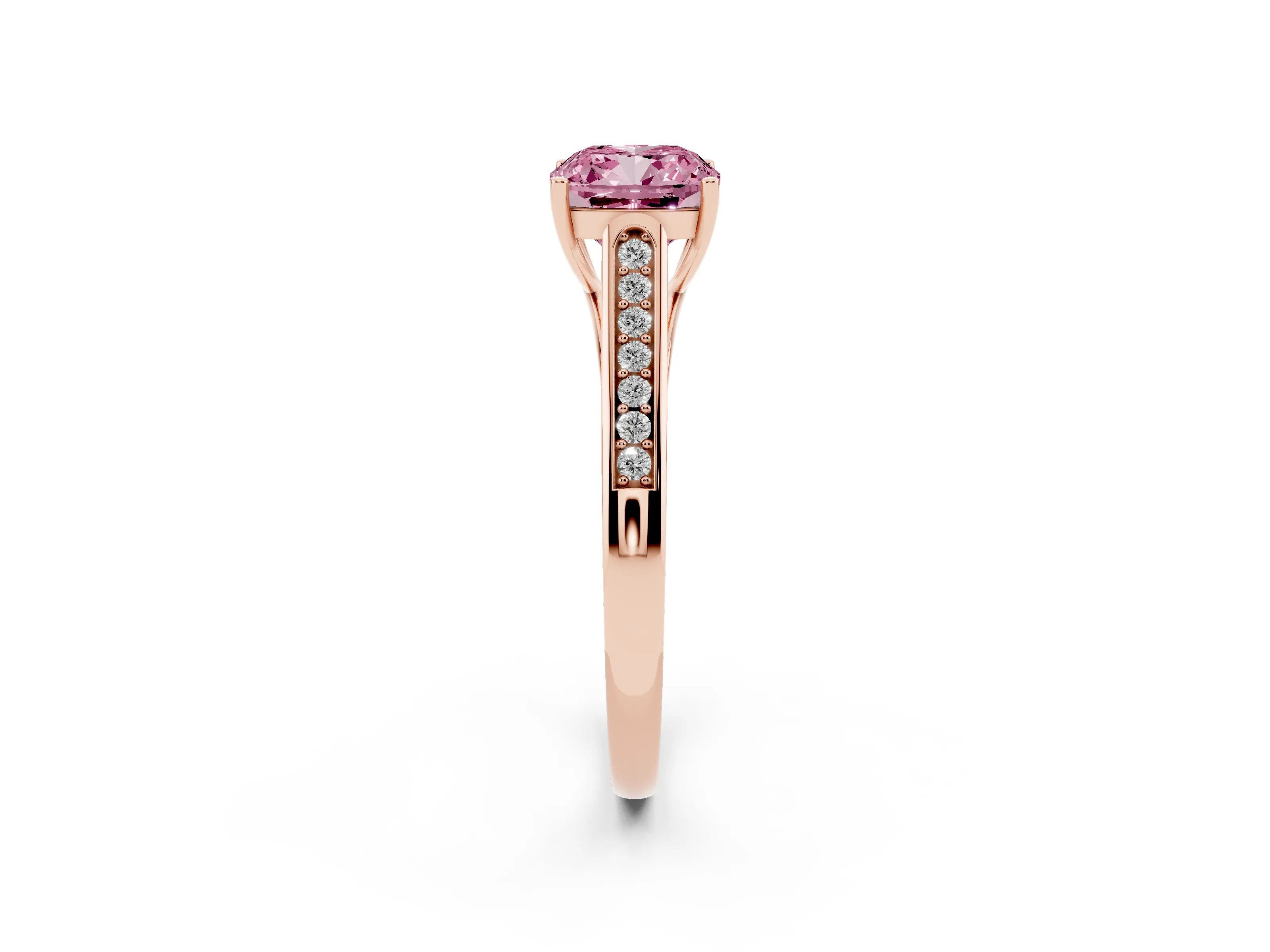 Fancy Pink Cushion Cut Diamond Solitaire Cathedral Engagement Ring Set in Rose gold with Channel-Set Band and Prong Setting