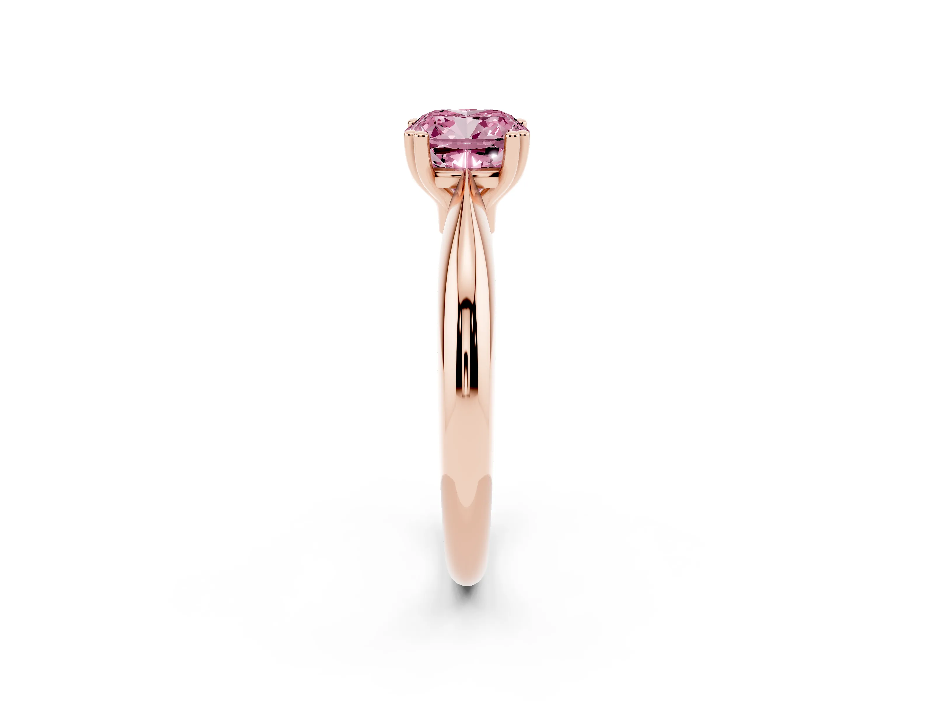 Fancy Pink Cushion Cut Diamond Solitaire Engagement Ring Set in Rose gold with Tapered Band and Prong Setting