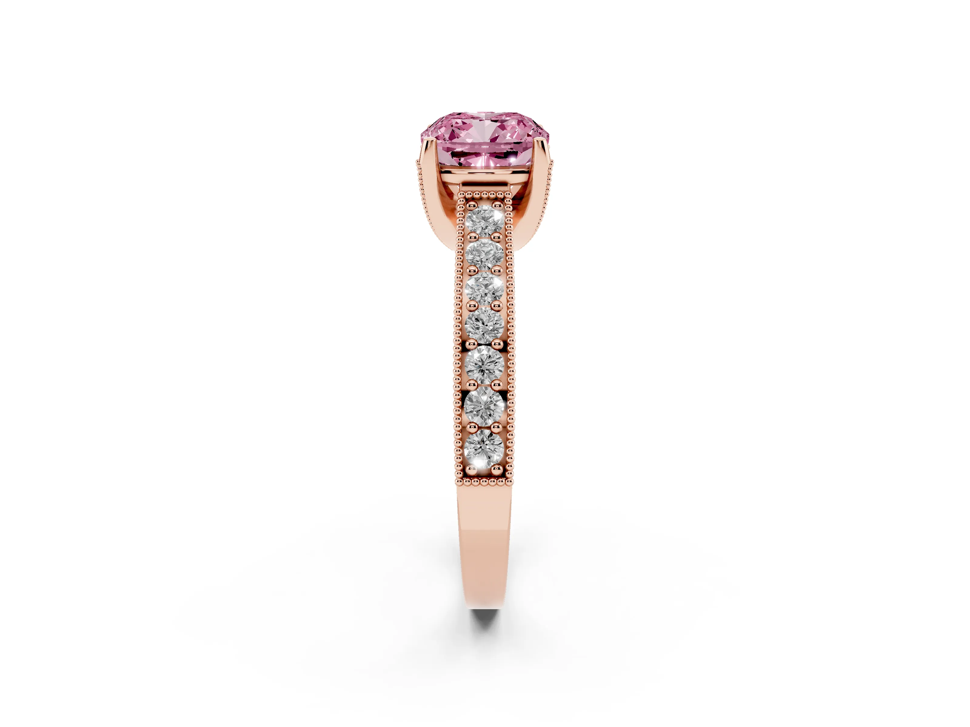 Fancy Pink Cushion Cut Diamond Solitaire Ring Set in Rose gold with Milgrain-Edged Pavé Band and Prong Setting