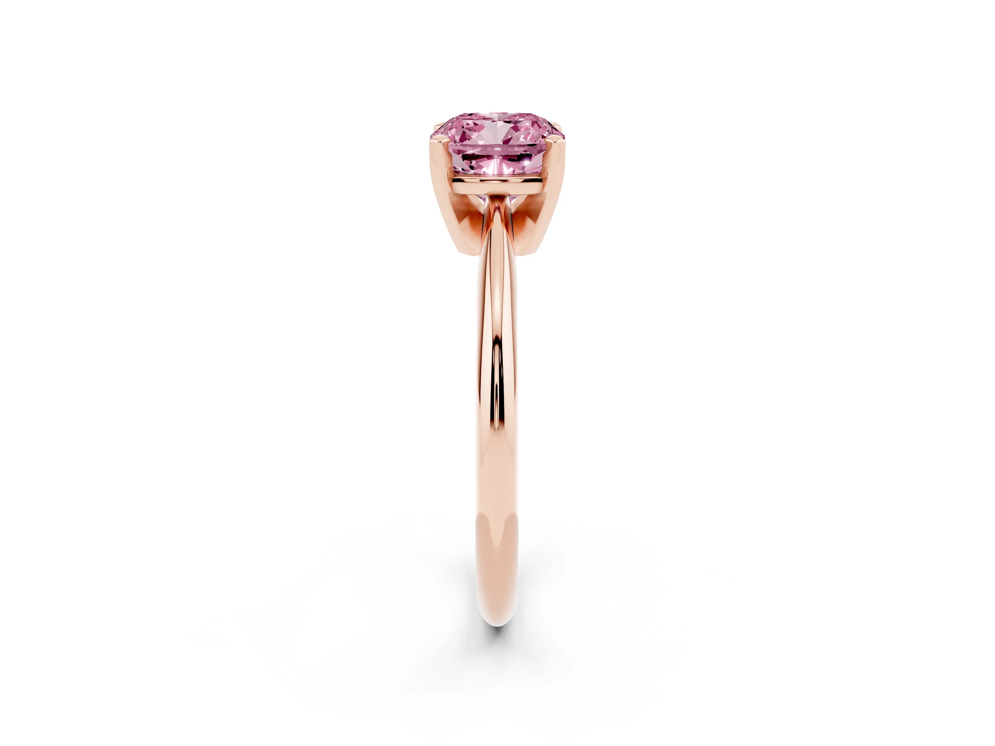 Fancy Pink Cushion Cut Diamond Solitaire Ring Set in Rose gold with Prong Setting on a Plain Round Band