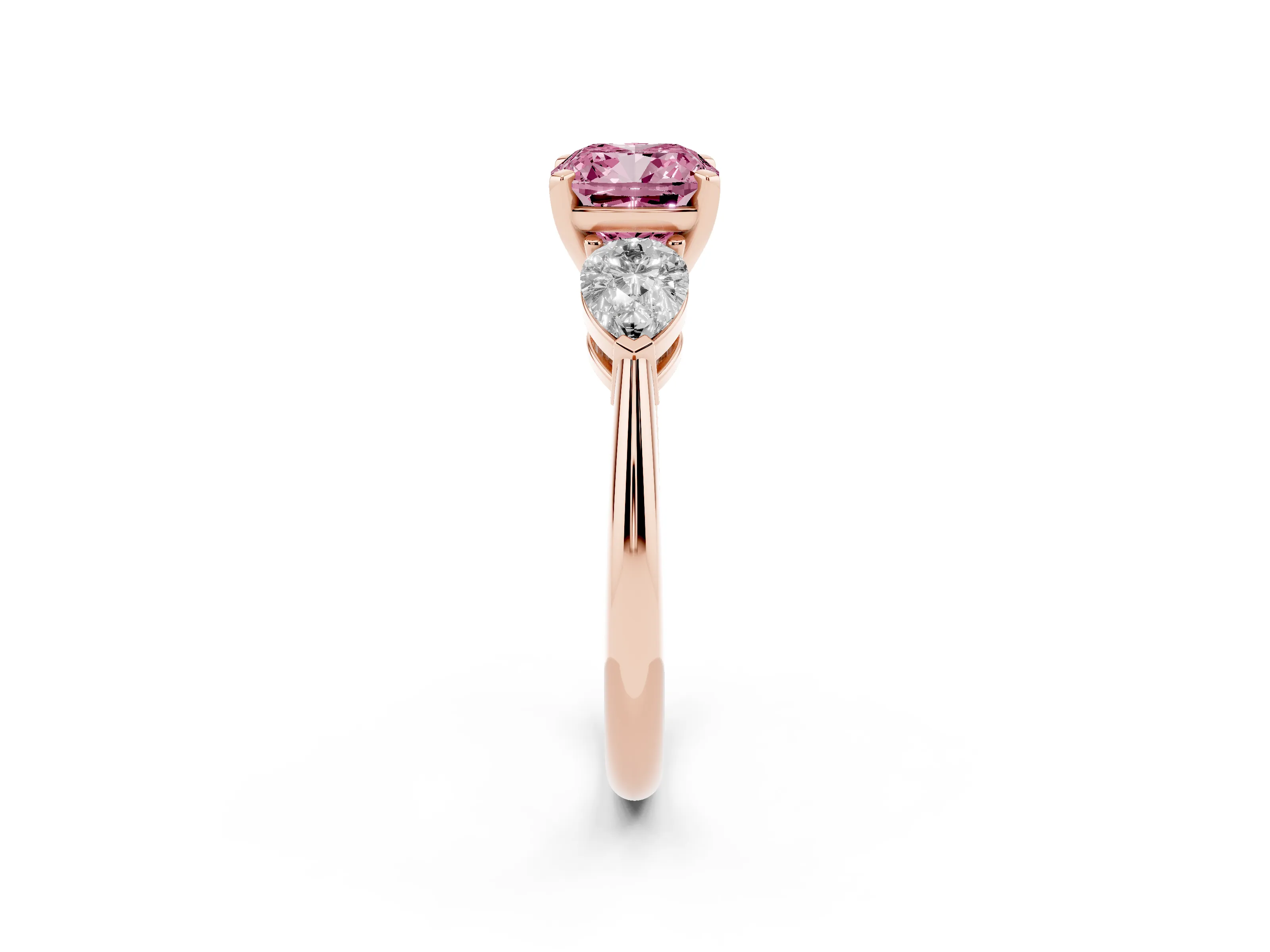 Fancy Pink Three-Stone Cushion Cut Diamond Ring Set in Rose gold with Pear Side Stones and Prong Setting