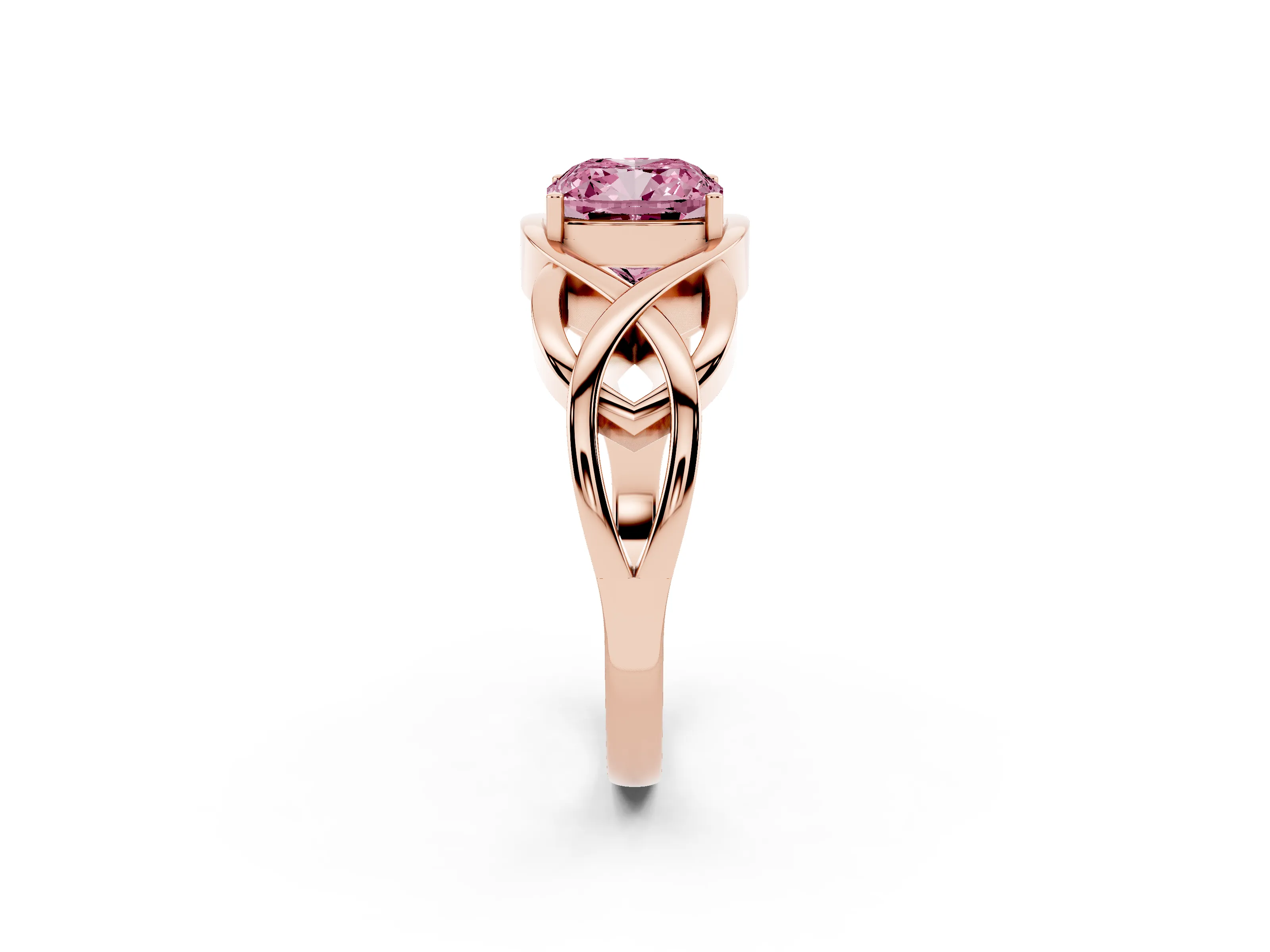 Fancy Pink Cushion Cut Diamond Solitaire Ring Set in Rose gold with Intertwined Band