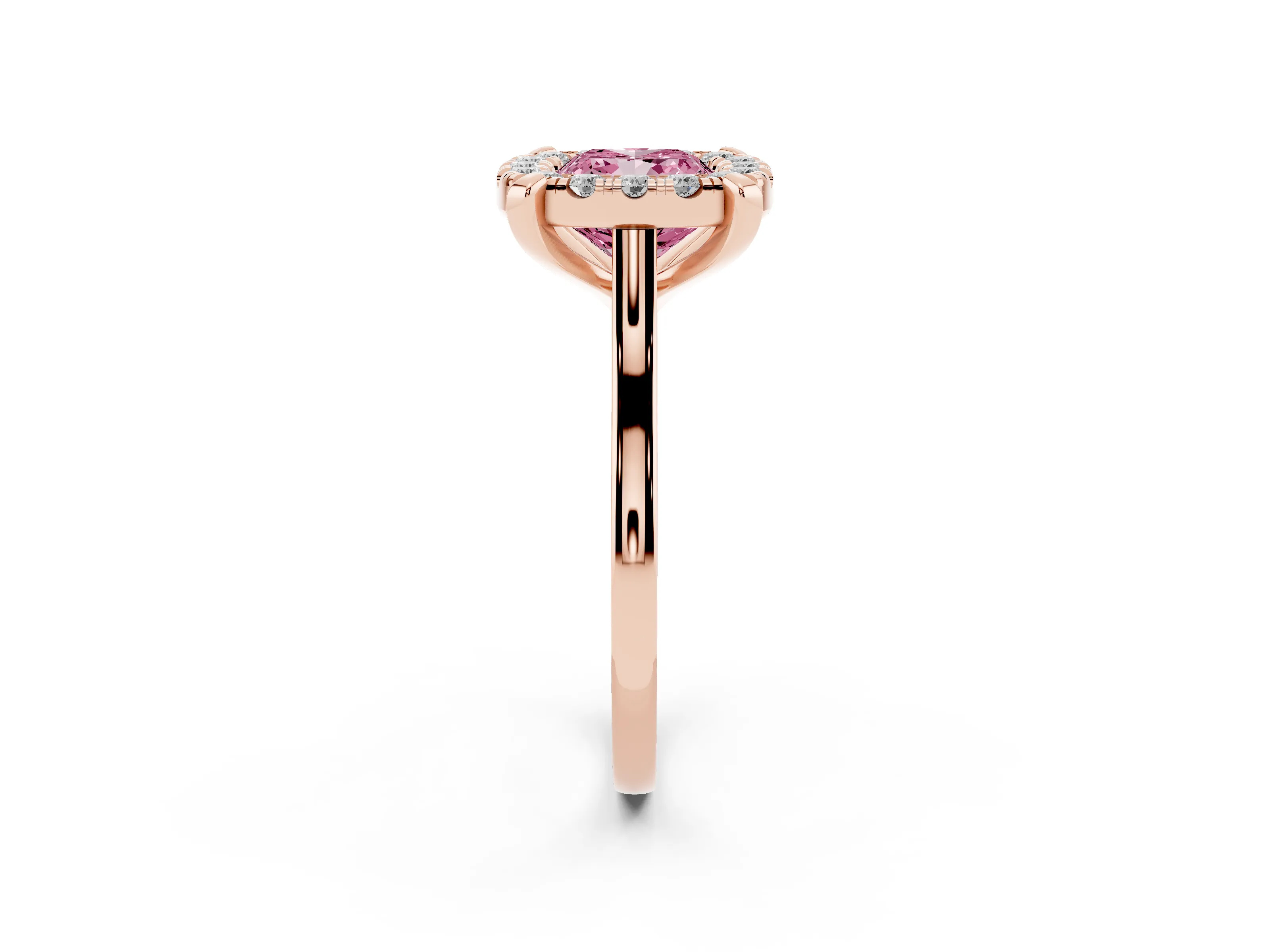 Fancy Pink Cushion Cut Diamond Cluster Halo Solitaire Ring Set in Rose gold with Prong Setting