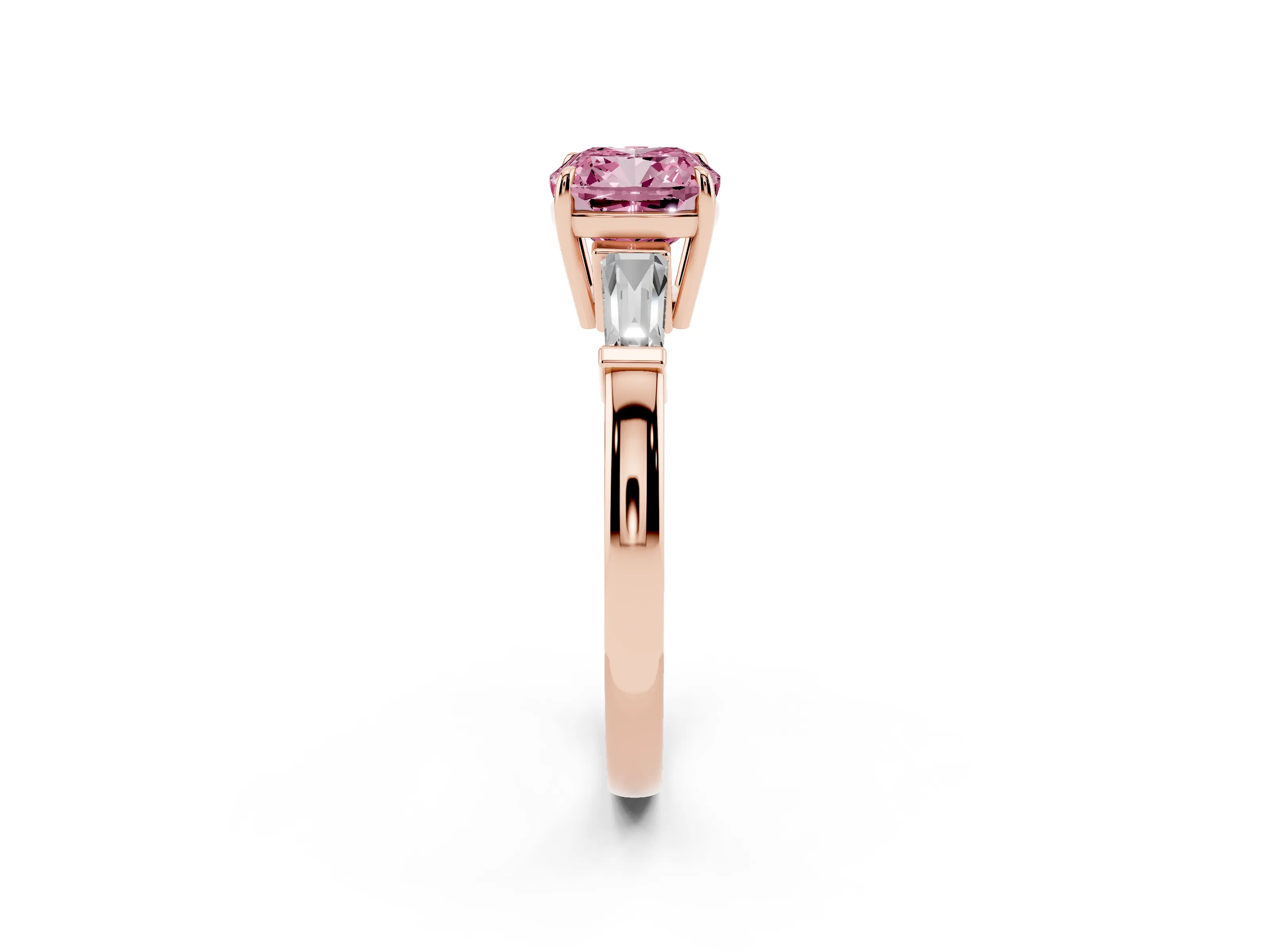 Fancy Pink Cushion Cut Diamond Three-Stone Ring Set in Rose gold with Tapered Baguette Side Stones and Prong Setting