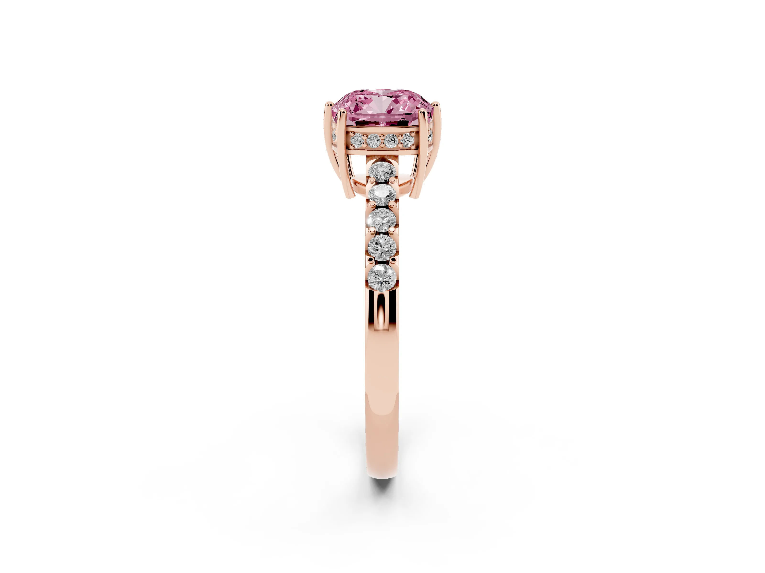 Fancy Pink Cushion Cut Diamond Solitaire Engagement Ring Set in Rose gold with Pavé Band and Prong Setting