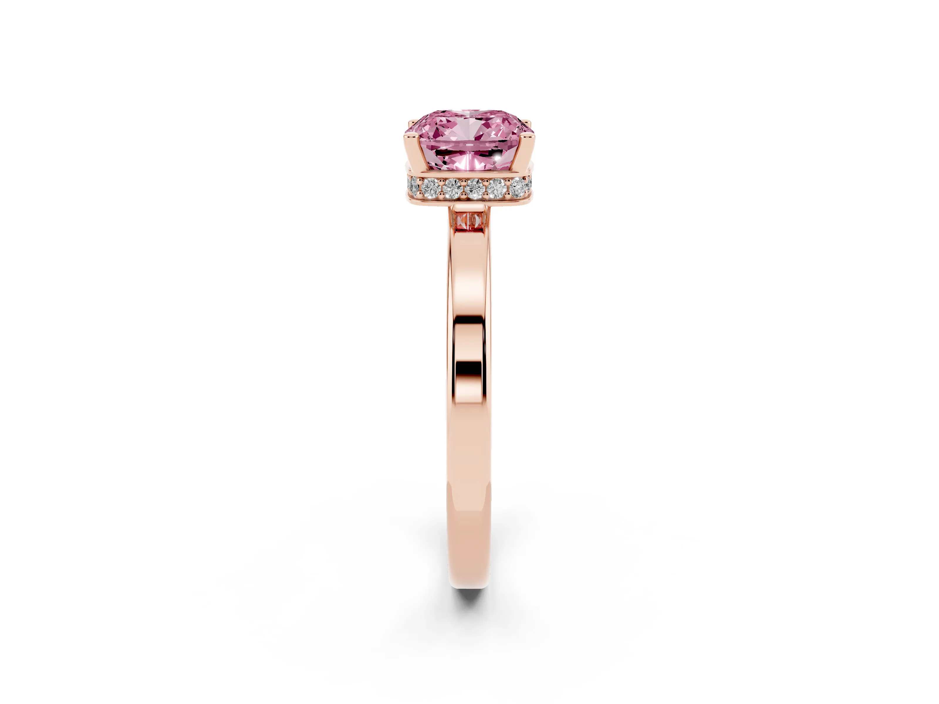Fancy Pink Cushion Cut Diamond Solitaire Engagement Ring Set in Rose gold with Prong Setting on a Plain Band