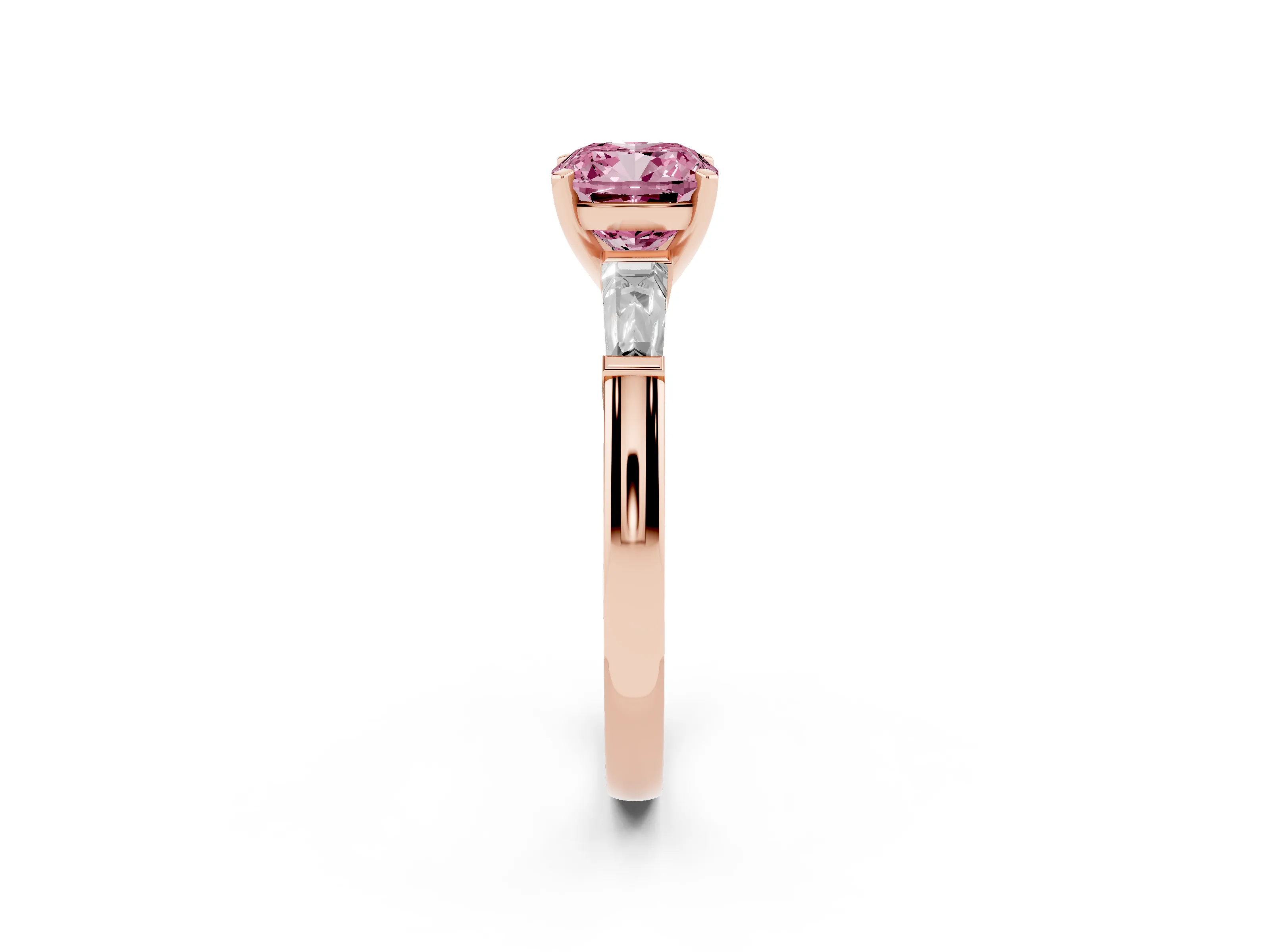 Fancy Pink Cushion Cut Diamond Solitaire Ring Set in Rose gold with Tapered Baguette Side Stones and Prong Setting