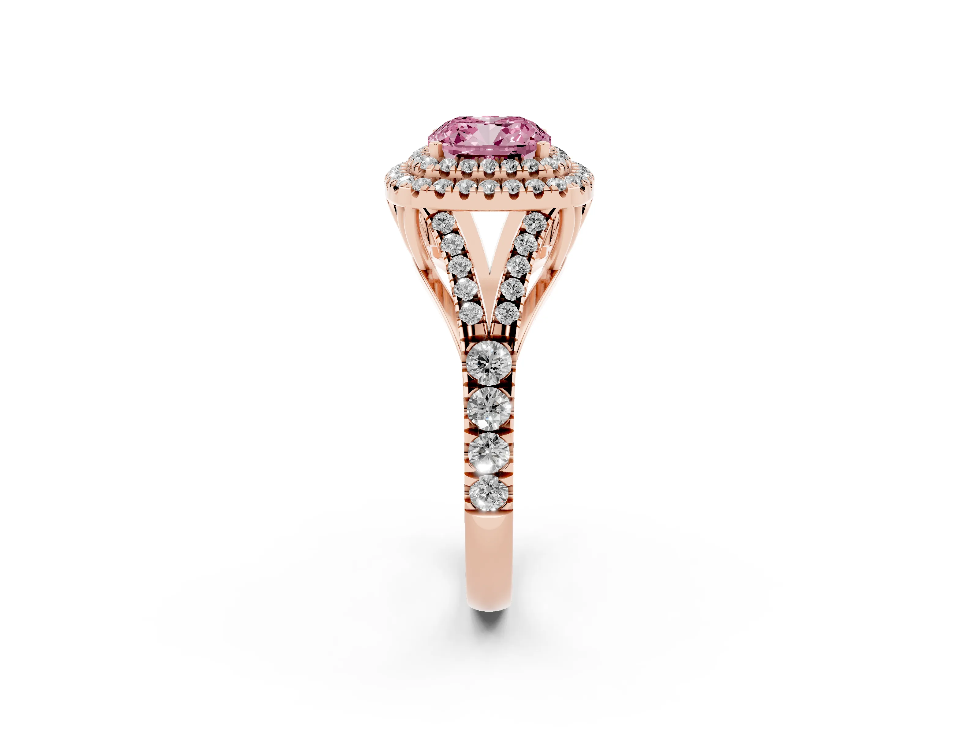 Fancy Pink Cushion Cut Diamond Pavé Split Shank Double Halo Engagement Ring Set in Rose gold
