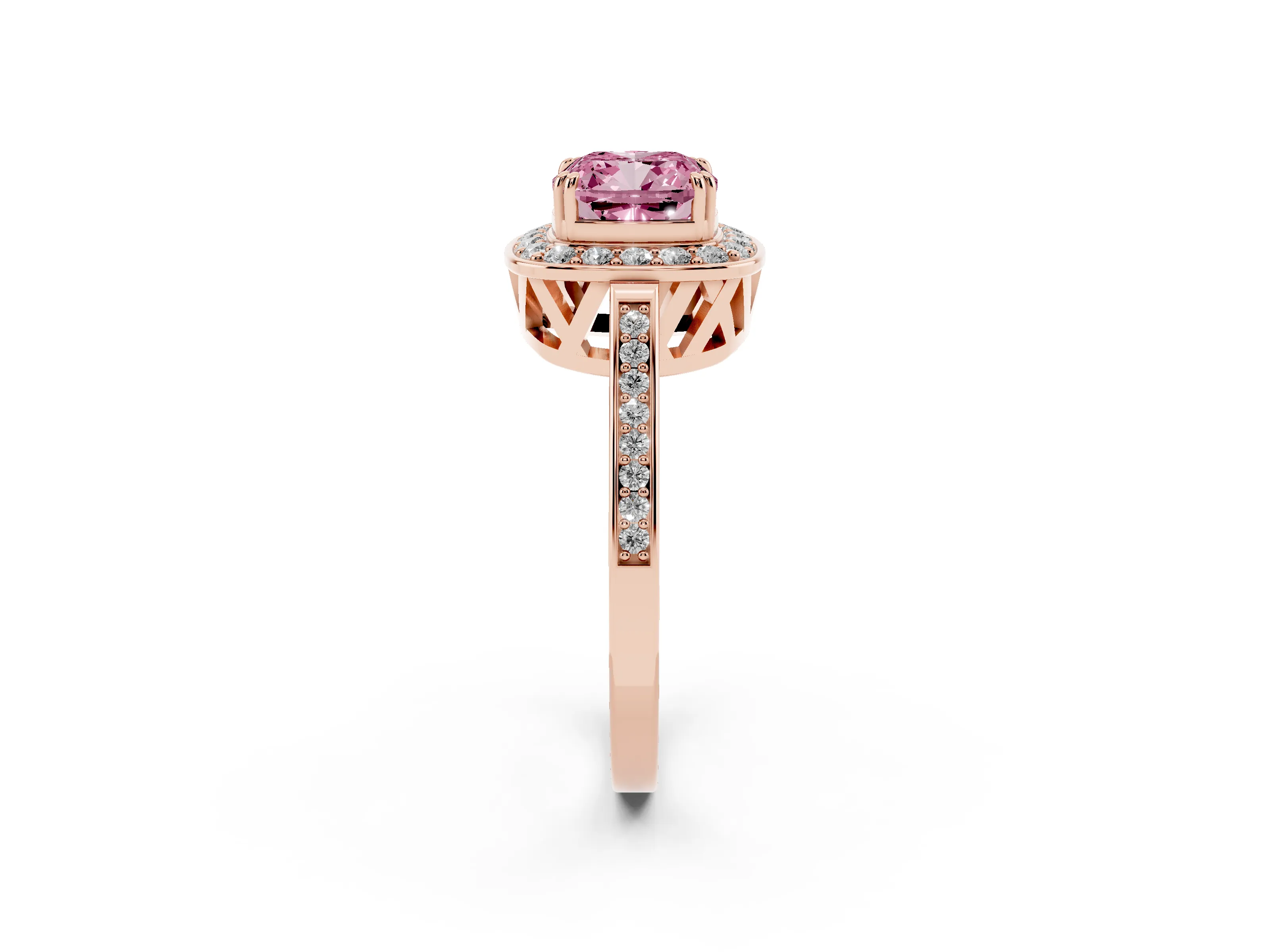 Fancy Pink Cushion Cut Diamond Halo Ring Set in Rose gold with Accent-Lined Split Shank and Prong Setting