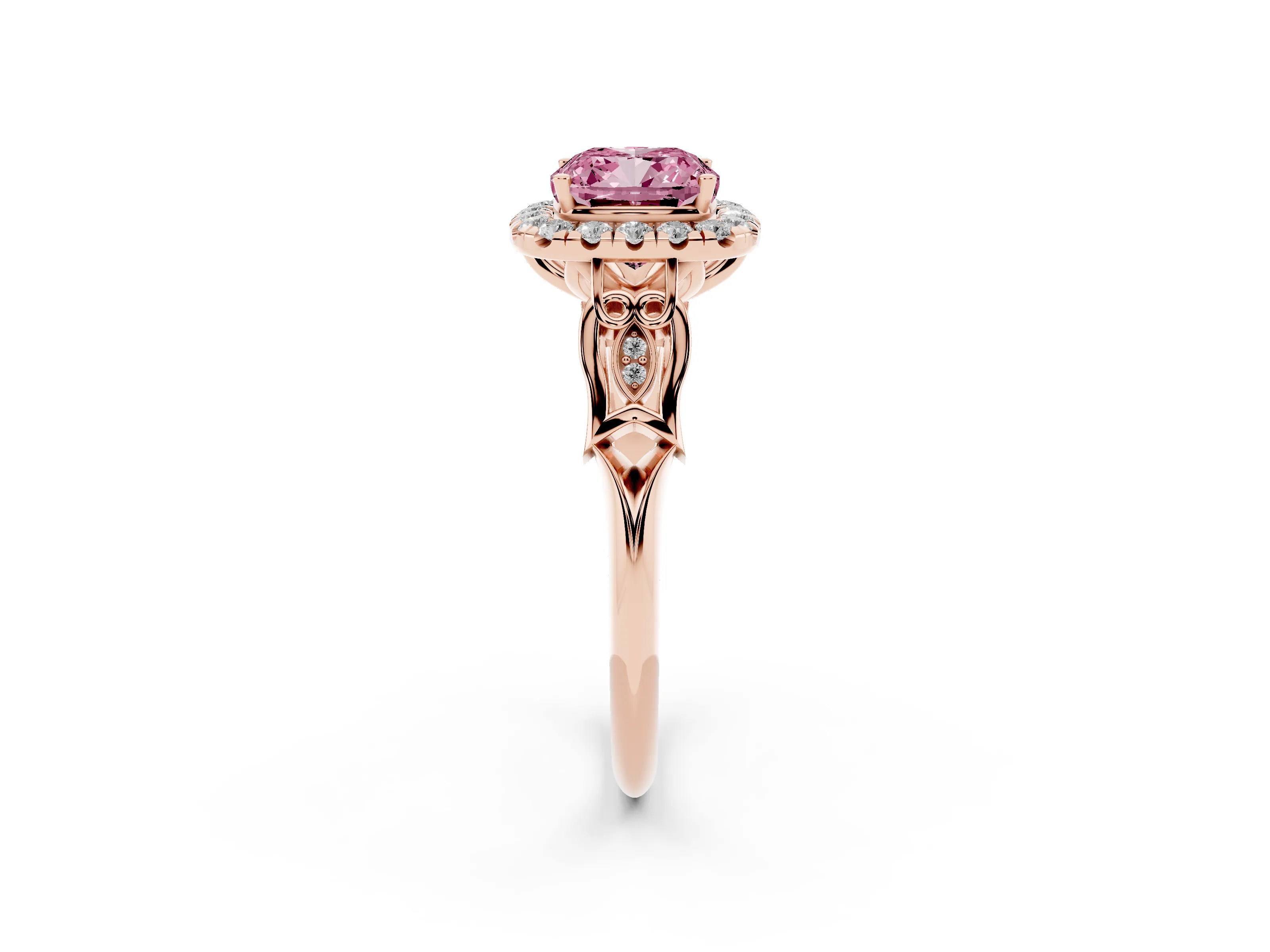 Fancy Pink Cushion Cut Diamond Halo Engagement Ring Set in Rose gold with Filigree Band and Prong-Set Center