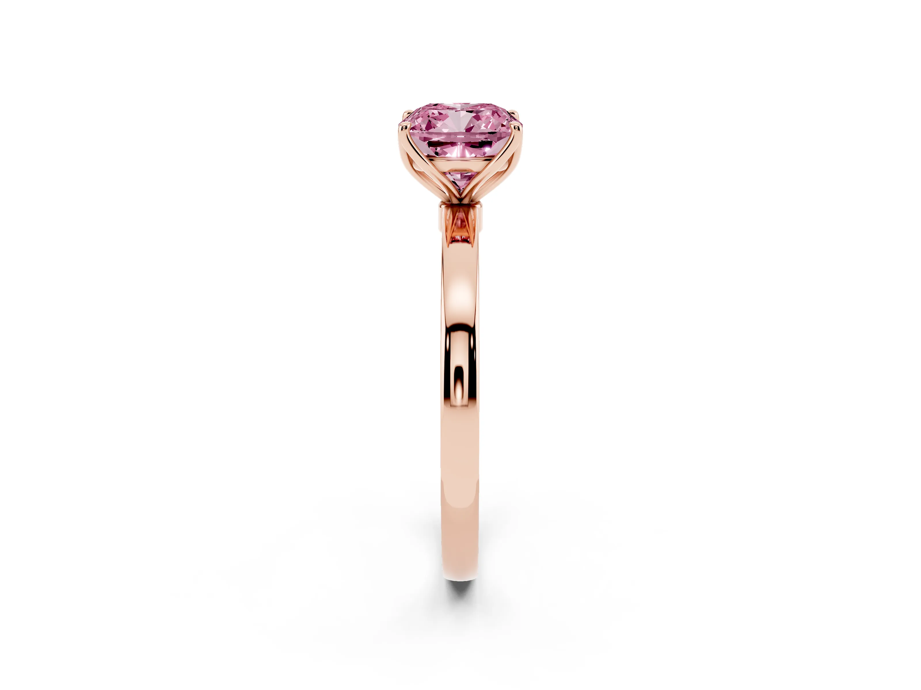 Fancy Pink Cushion Cut Diamond Solitaire Ring Set in Rose gold with Prong Setting and Thin Polished Band