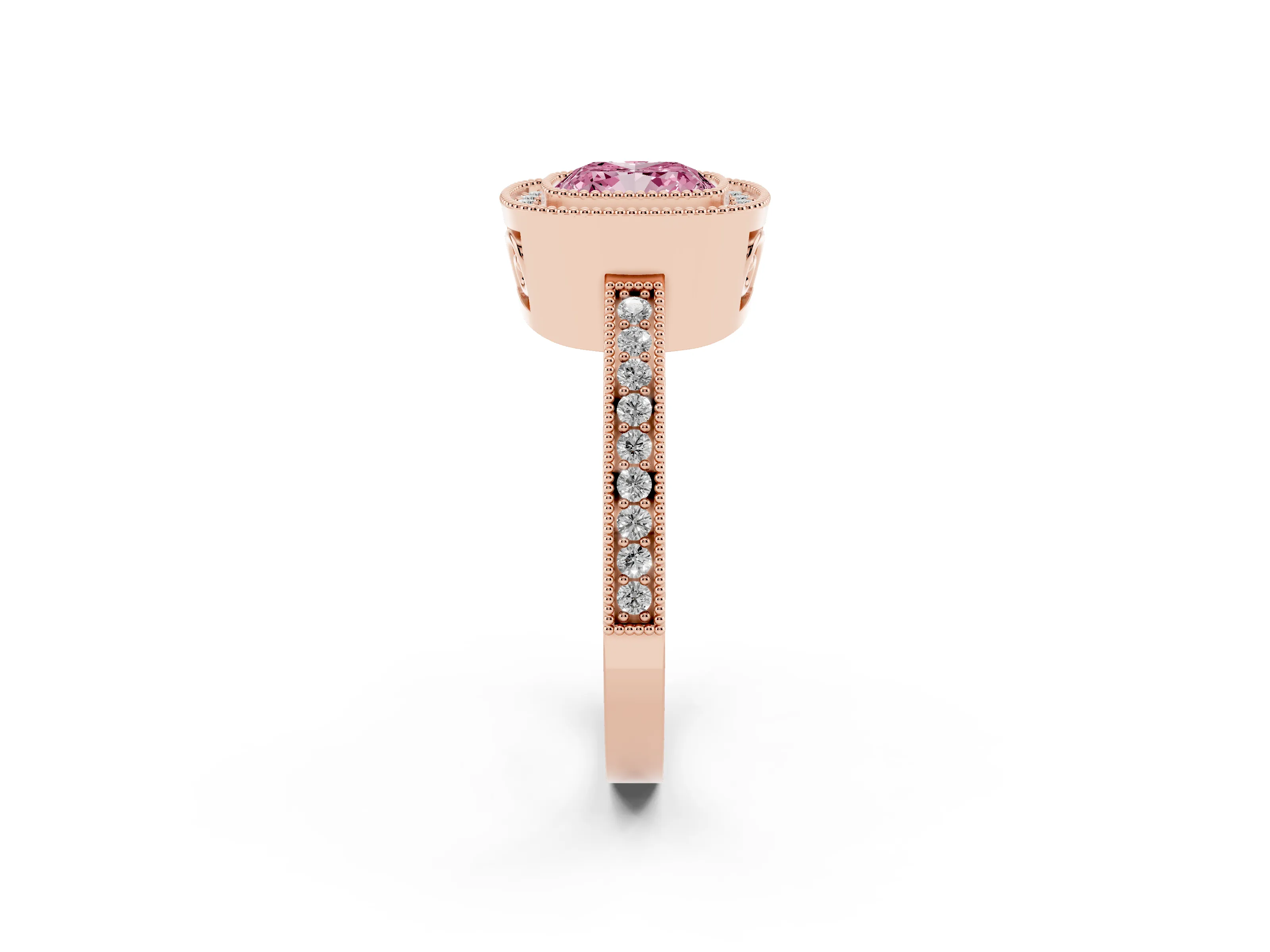 Fancy Pink Cushion Cut Diamond Round Halo Ring Set in Rose gold with Pavé Band
