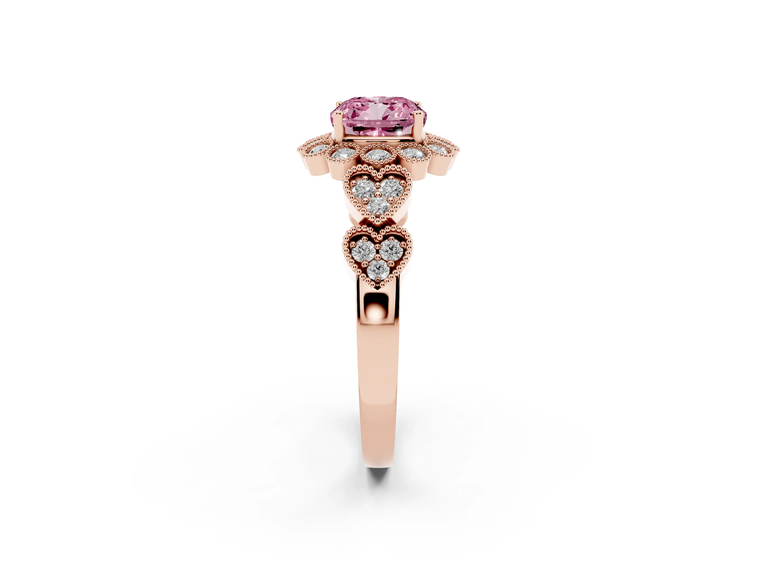 Fancy Pink Cushion Cut Diamond Solitaire Ring Set in Rose gold with Milgrain Pavé Heart Band