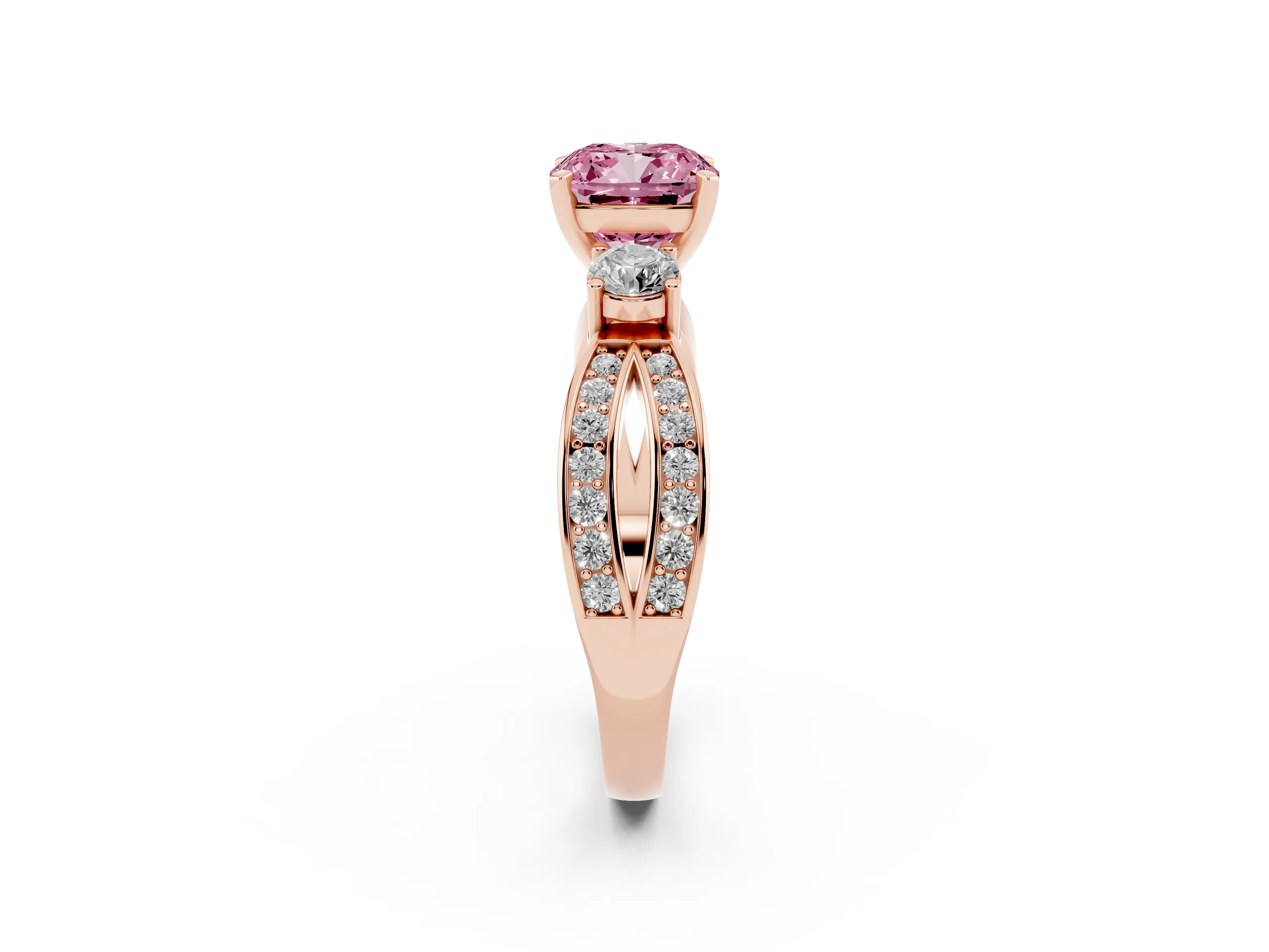 Fancy Pink Three-Stone Cushion Cut Diamond Twist Band Ring Set in Rose gold with Pavé Accents and Prong Setting