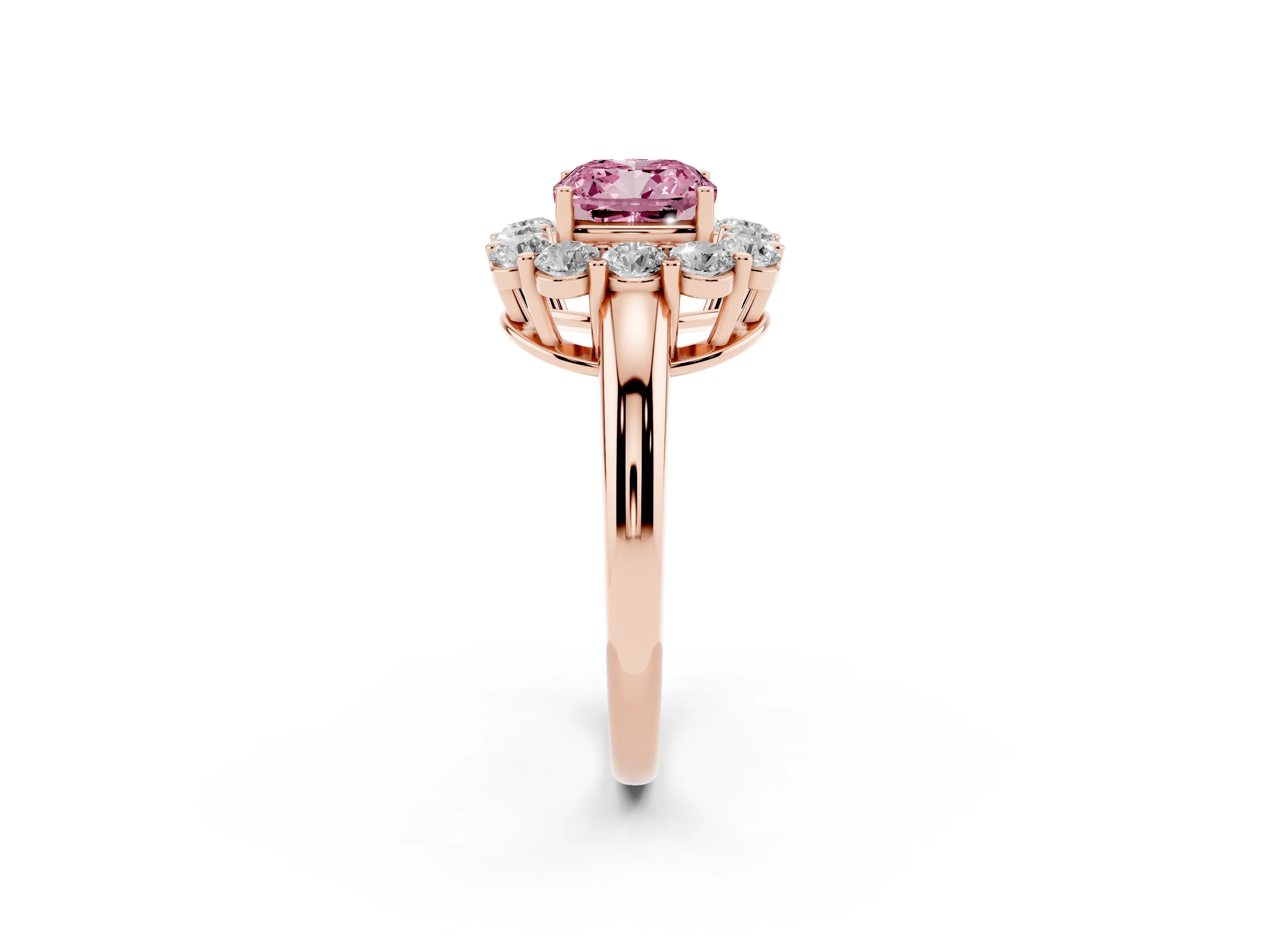 Fancy Pink Cushion Cut Diamond Halo Cluster Engagement Ring Set in Rose gold with Polished Band and Prong Setting