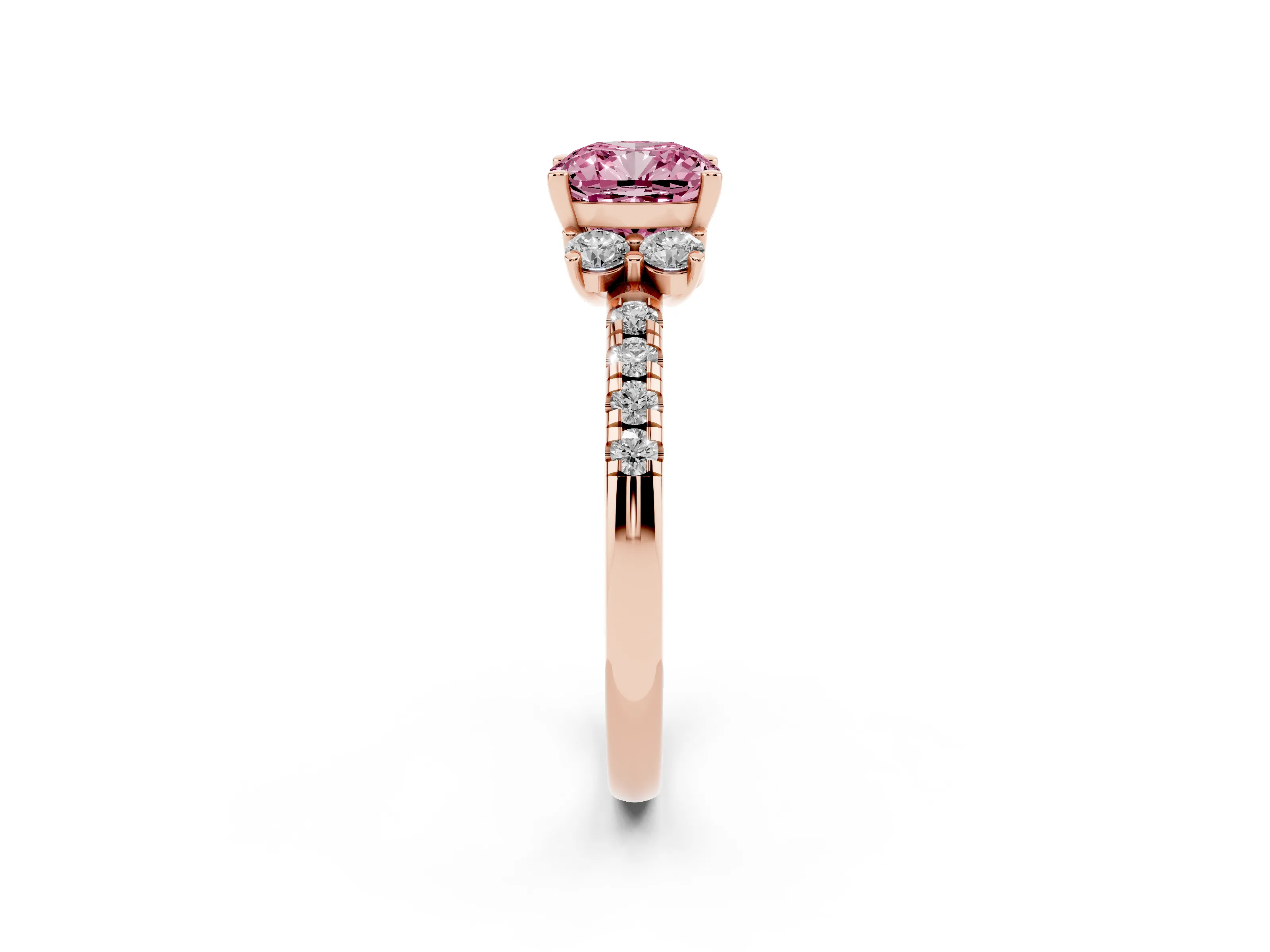 Fancy Pink Cushion Cut Diamond Three-Stone Pavé Ring Set in Rose gold with Prong Setting