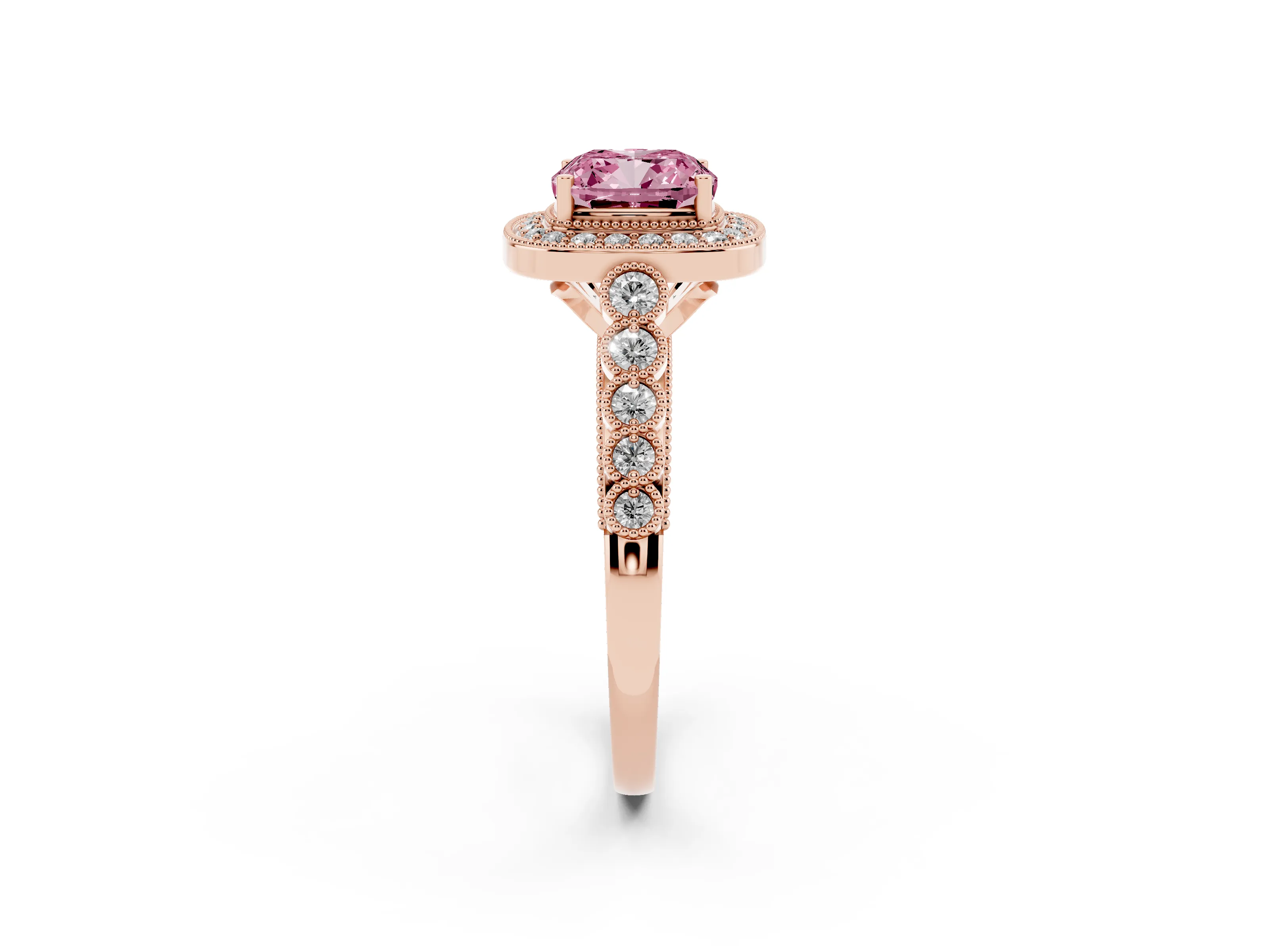 Fancy Pink Cushion Cut Diamond Milgrain Halo Solitaire Ring Set in Rose gold with Bezel Set Side Stones and Pavé Band