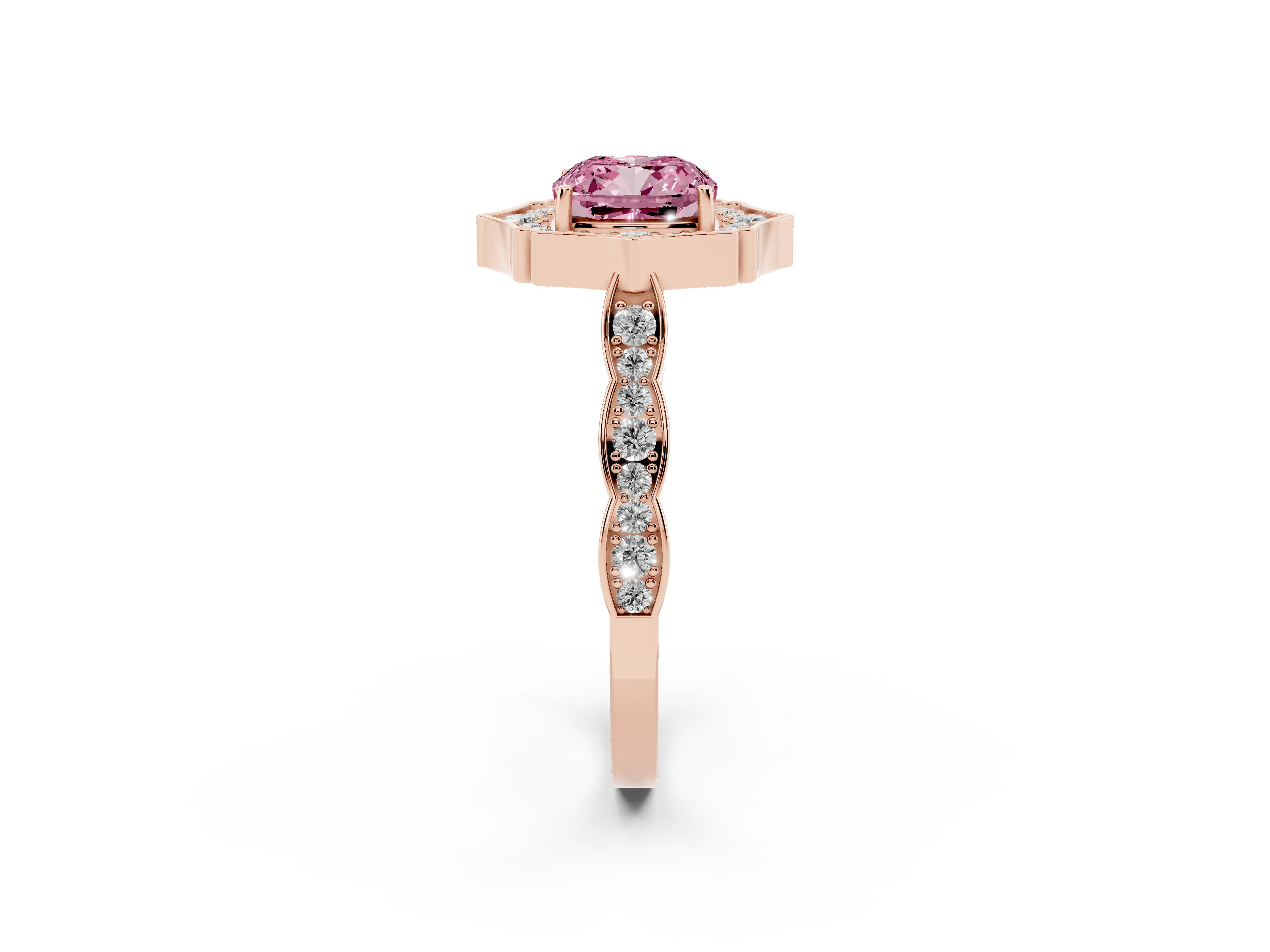 Fancy Pink Cushion Cut Diamond Halo Engagement Ring Set in Rose gold with Milgrain Band and Prong Setting