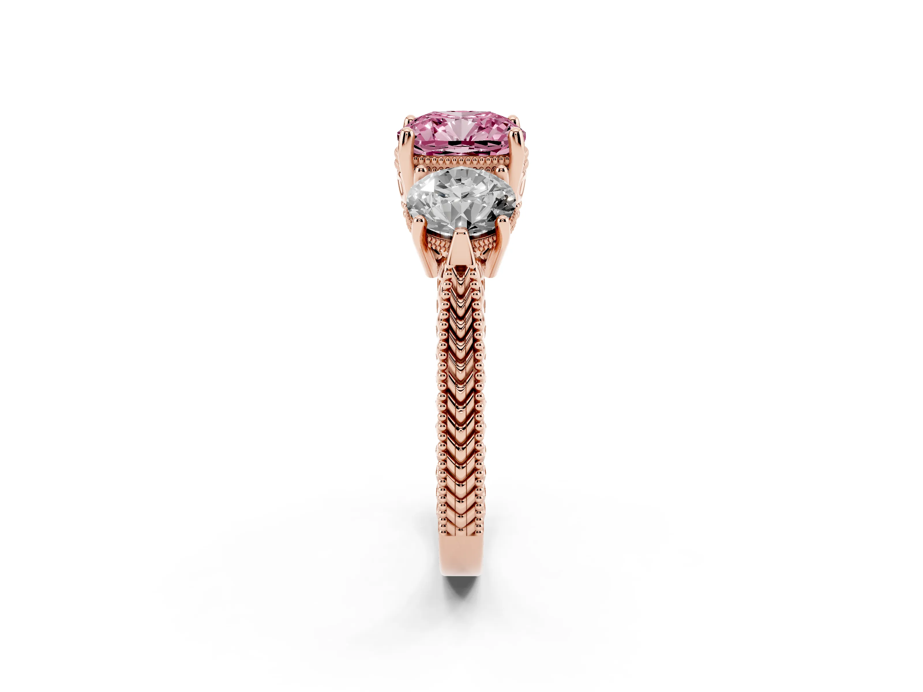 Fancy Pink Cushion Cut Diamond Three-Stone Ring Set in Rose gold with Milgrain Band