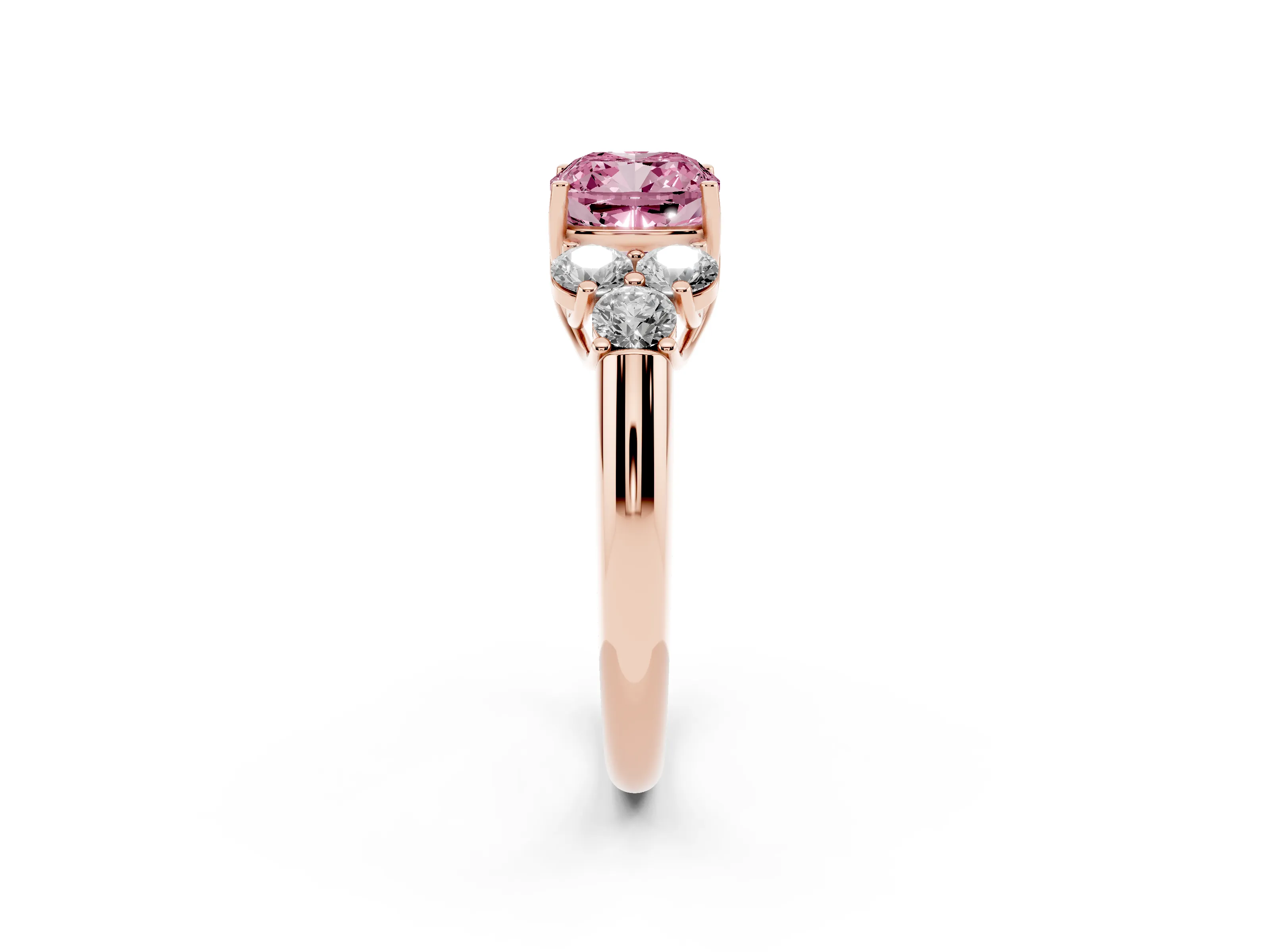 Fancy Pink Cushion Cut Diamond Cluster Ring Set in Rose gold with Round Accent Stones and Prong Setting on a Plain Band