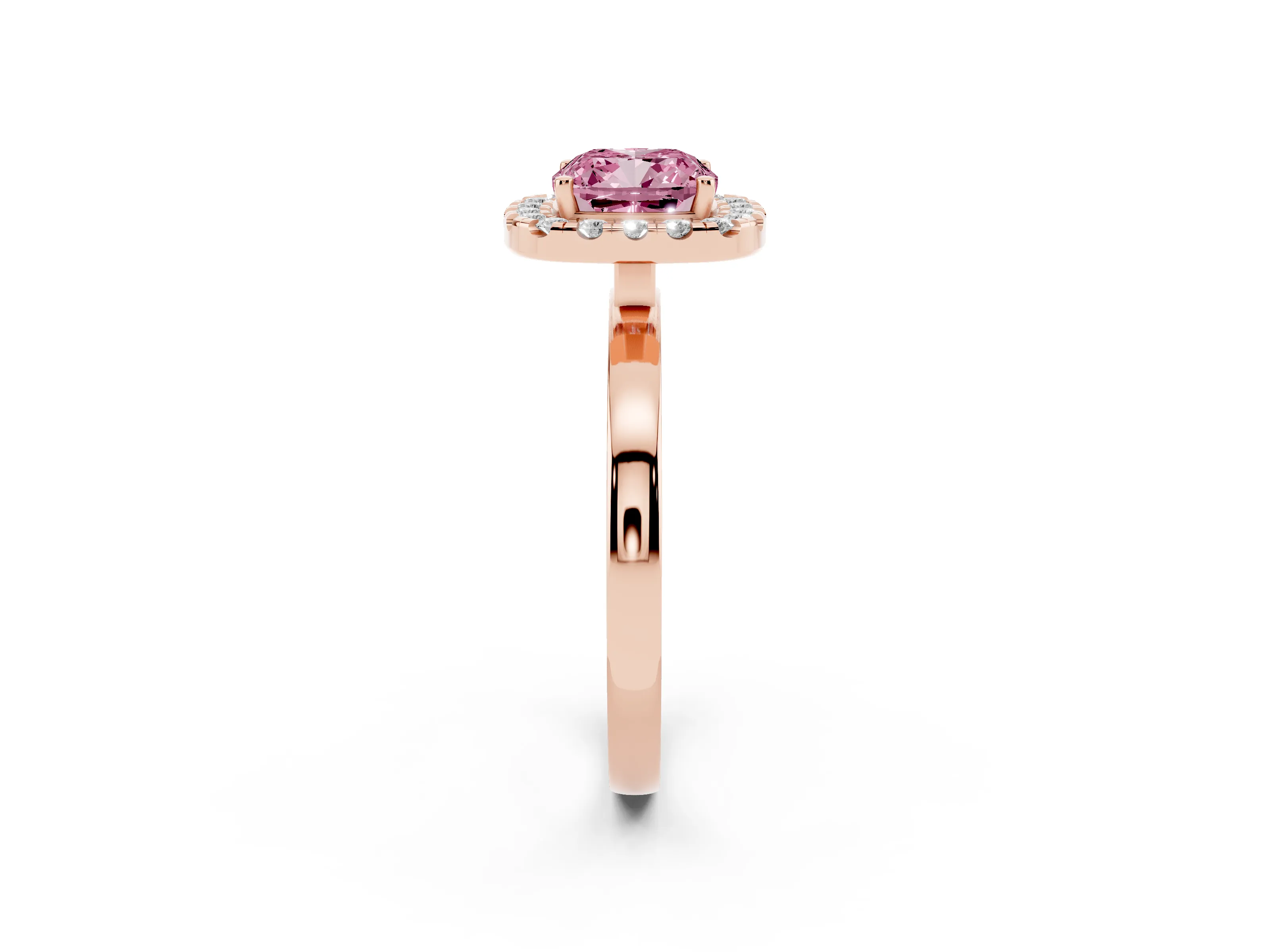 Fancy Pink Cushion Cut Diamond Halo Solitaire Ring Set in Rose gold with Pavé Band and Prong Setting